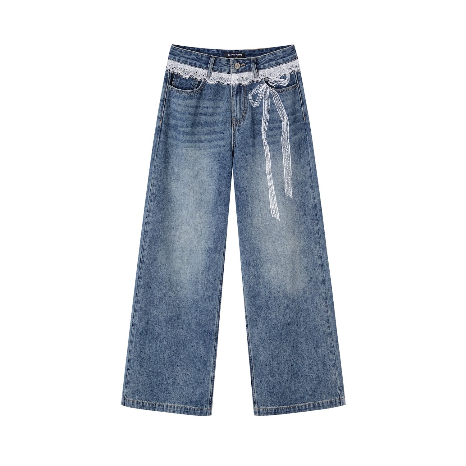 SOMESOWE S2508181 Lace printed wide leg denim pants