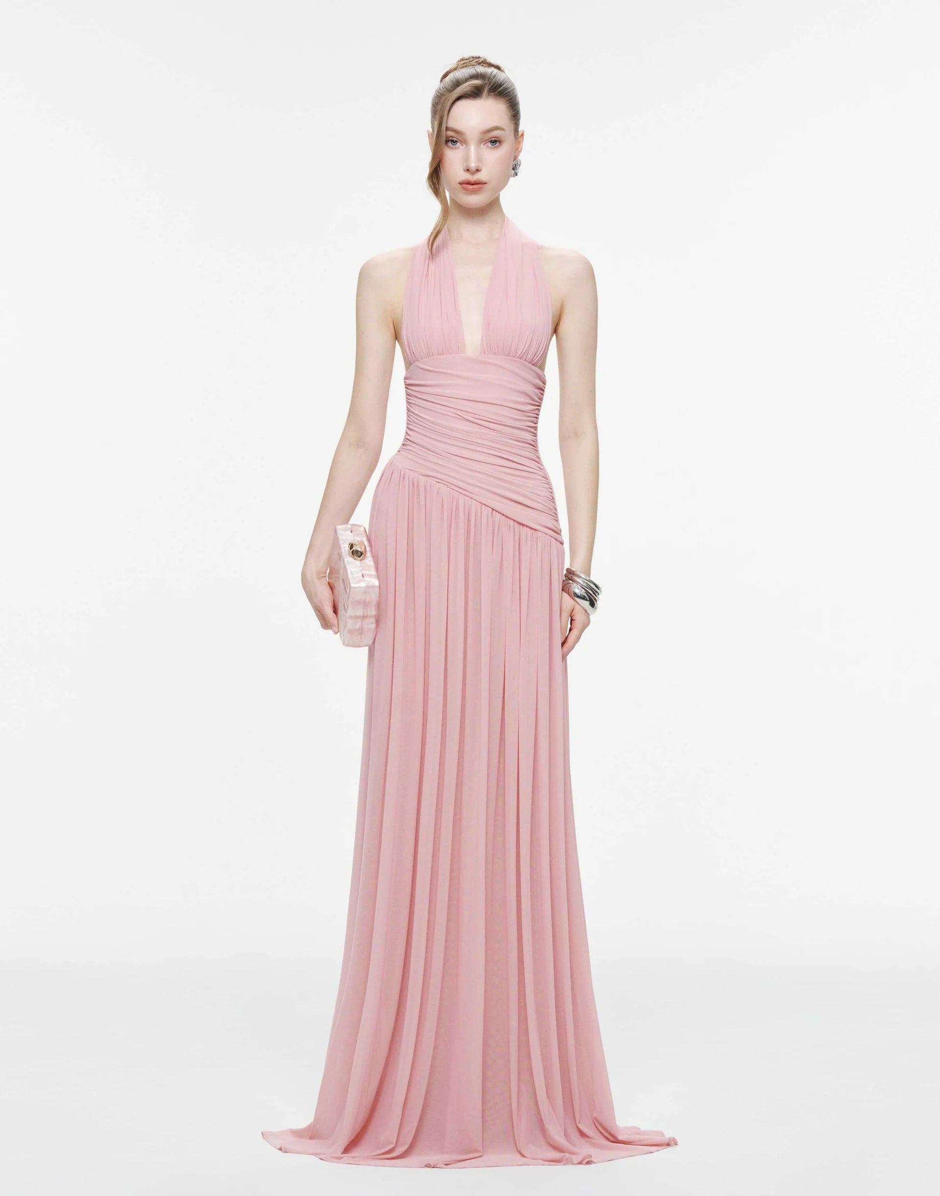 MOLLYNISTA Ruched Stretch Mesh Maxi Dress With Neck Bow-Mary Rose