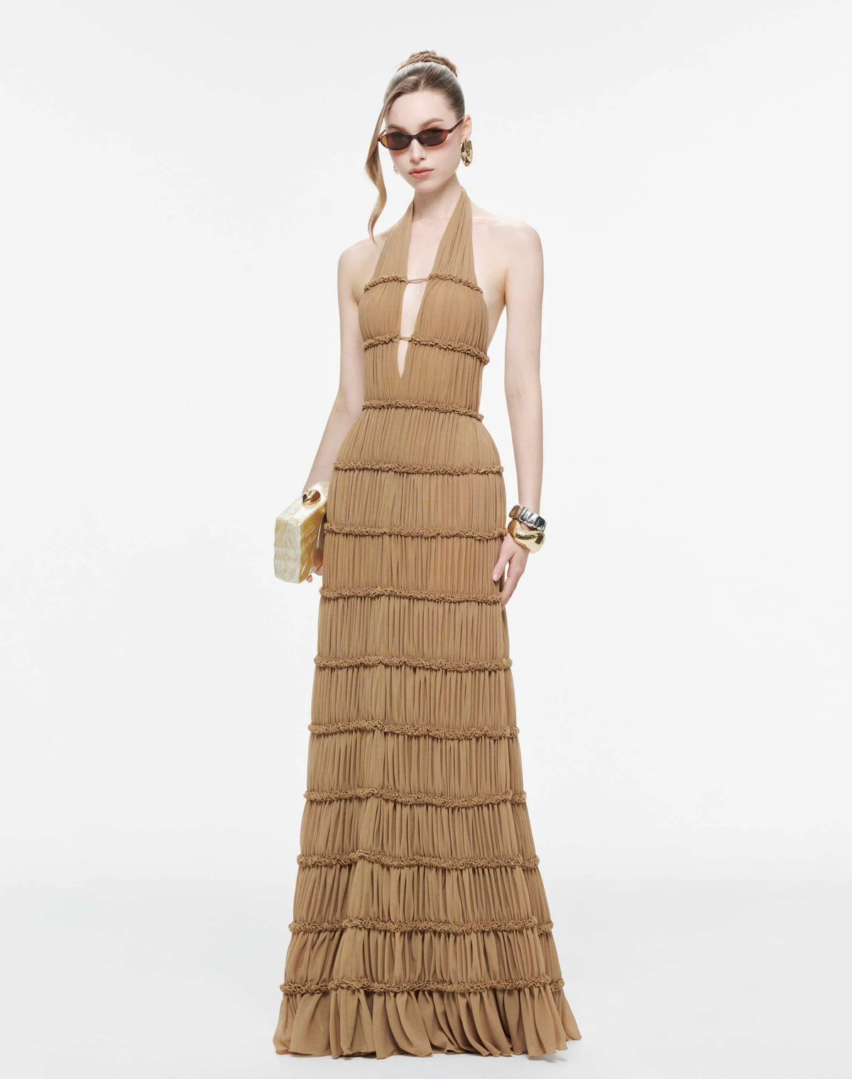 MOLLYNISTA Backless Stretch Mesh Maxi Dress-Caramel Brown