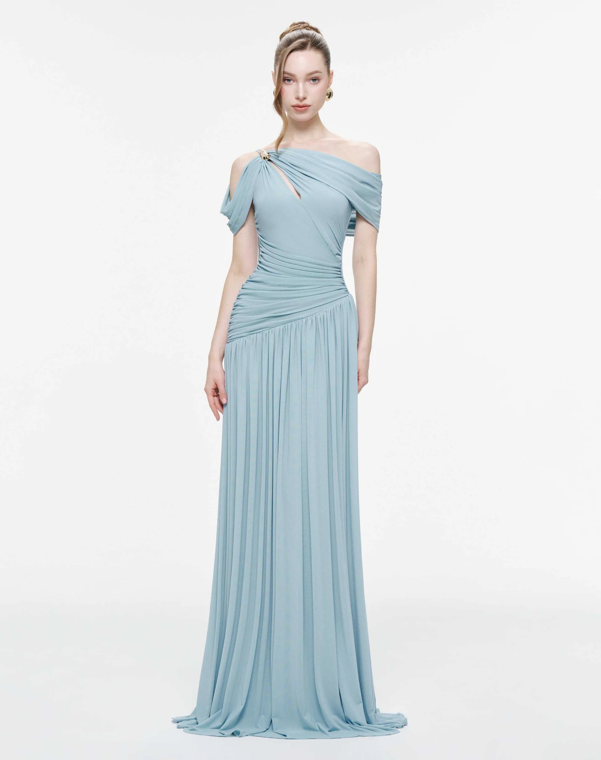 MOLLYNISTA Draped Off-Shoulder Stretch Mesh Dress