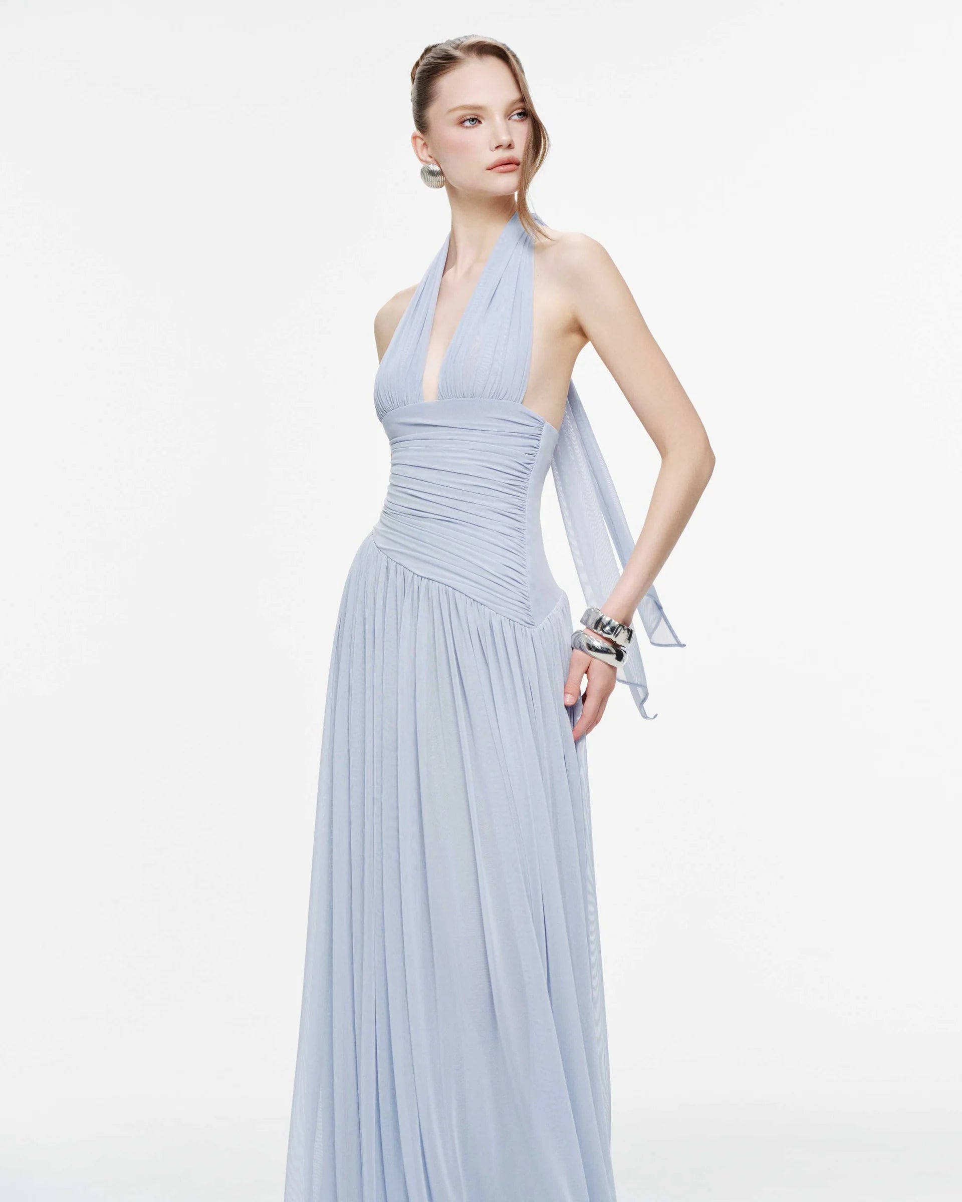 MOLLYNISTA Ruched Stretch Mesh Maxi Dress With Neck Bow-Whispy Blue
