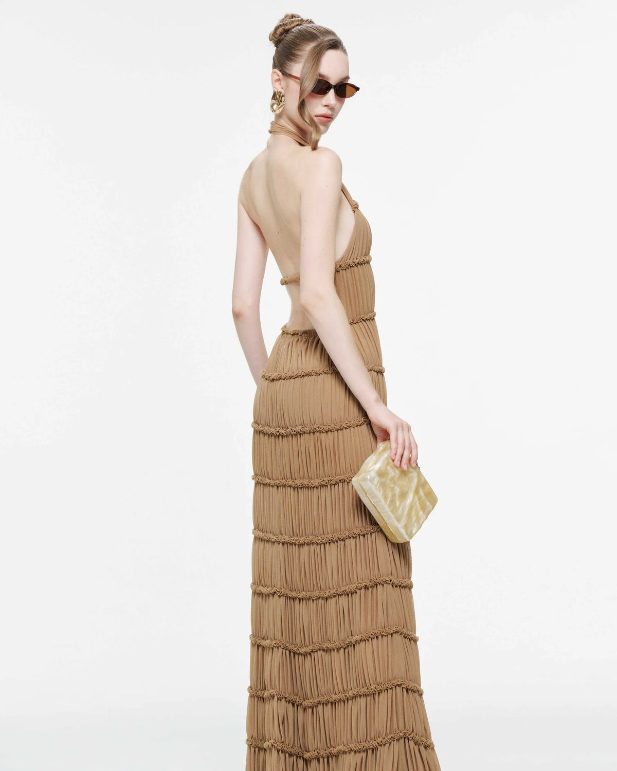 MOLLYNISTA Backless Stretch Mesh Maxi Dress-Caramel Brown
