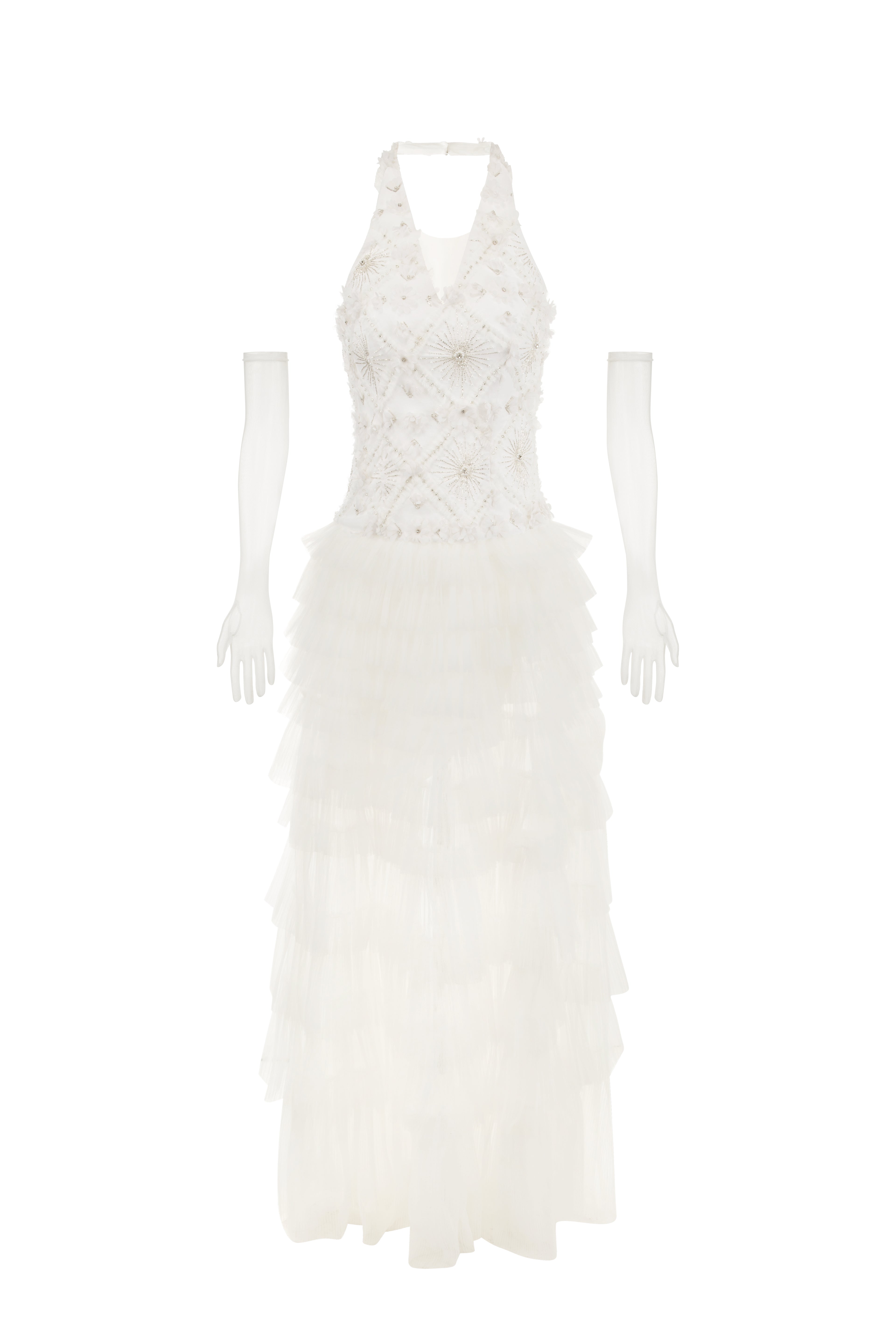 Wardrobes by chen Handmade embroidered bead V-neck layered dress (with gloves)