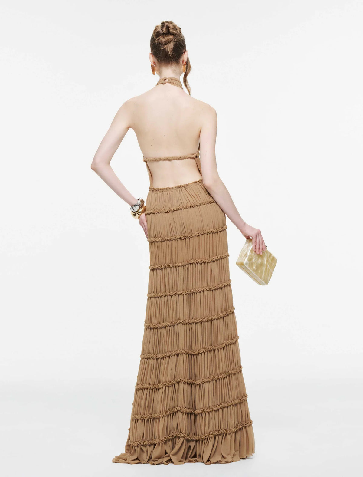 MOLLYNISTA Backless Stretch Mesh Maxi Dress-Caramel Brown