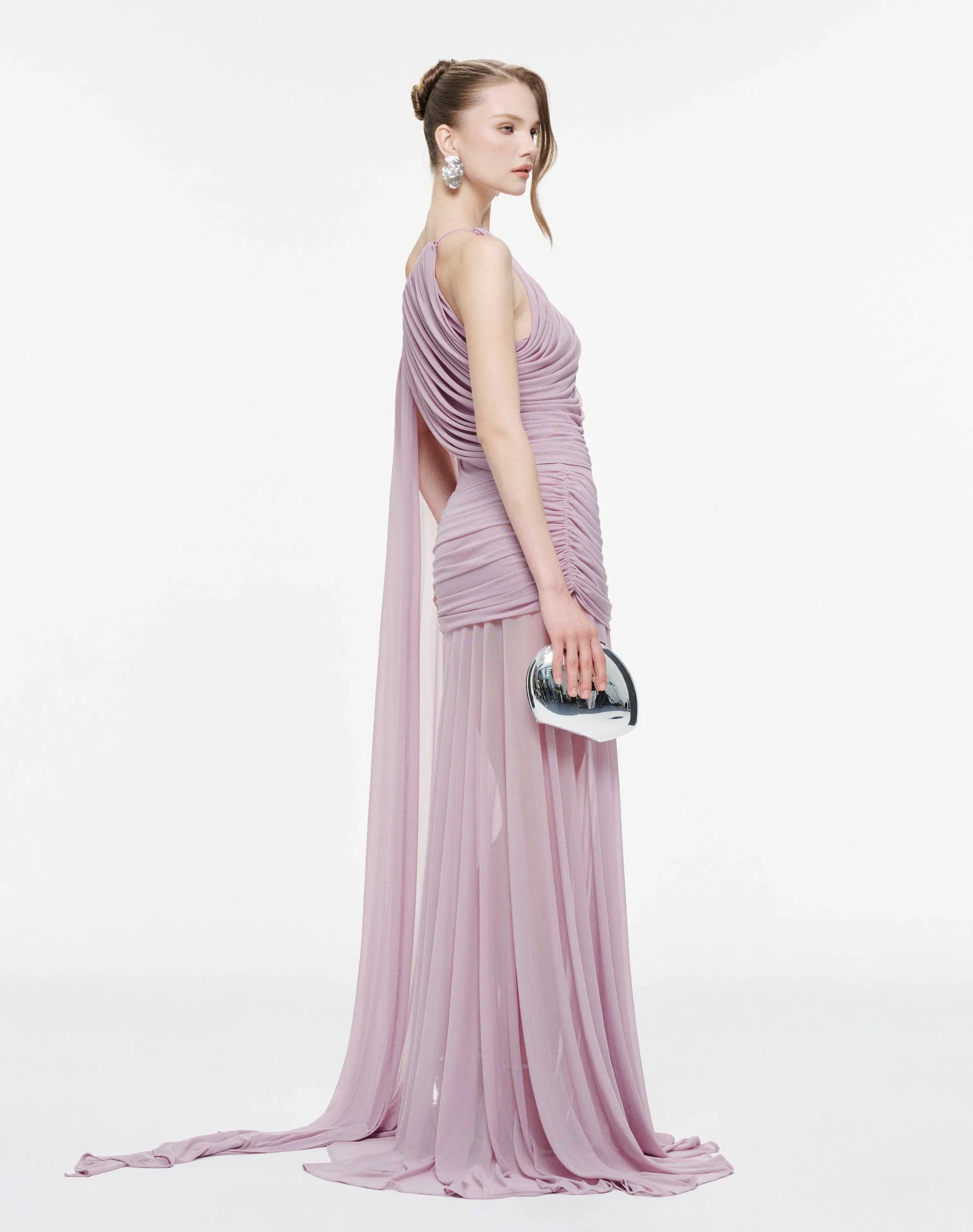 MOLLYNISTA Asymmetric Ruched Mesh Dress-Lavender Fog