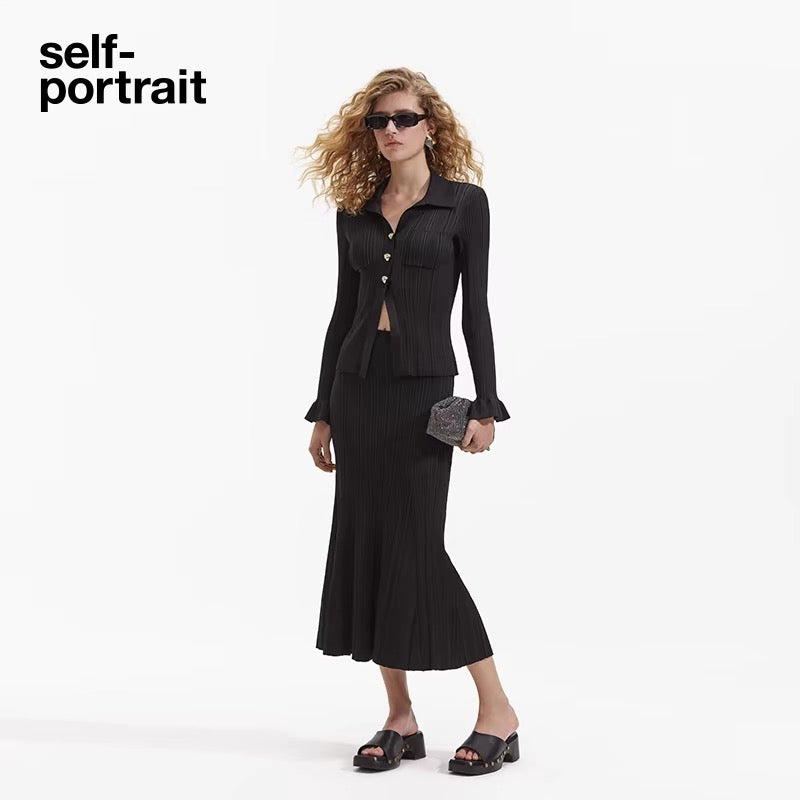 Self-Portrait BLAKC RIBBED VISCOSE KNIT DRESS