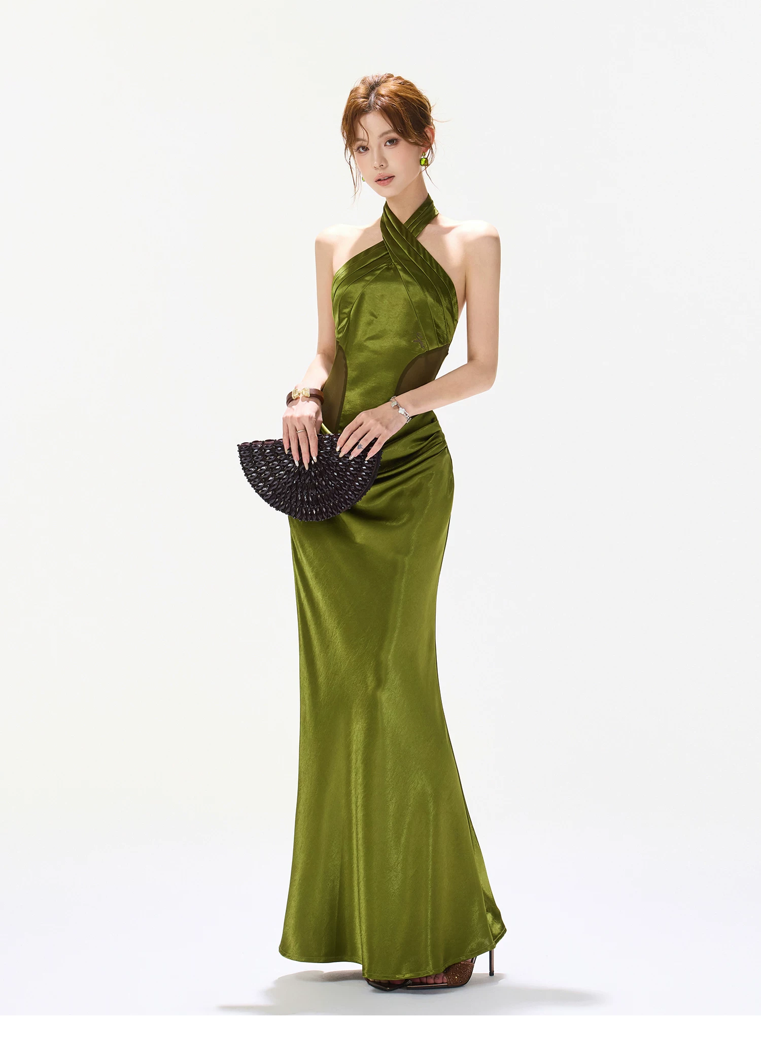 CYNR Satin Mesh Halter Fishtail Maxi Dress Slim Fit