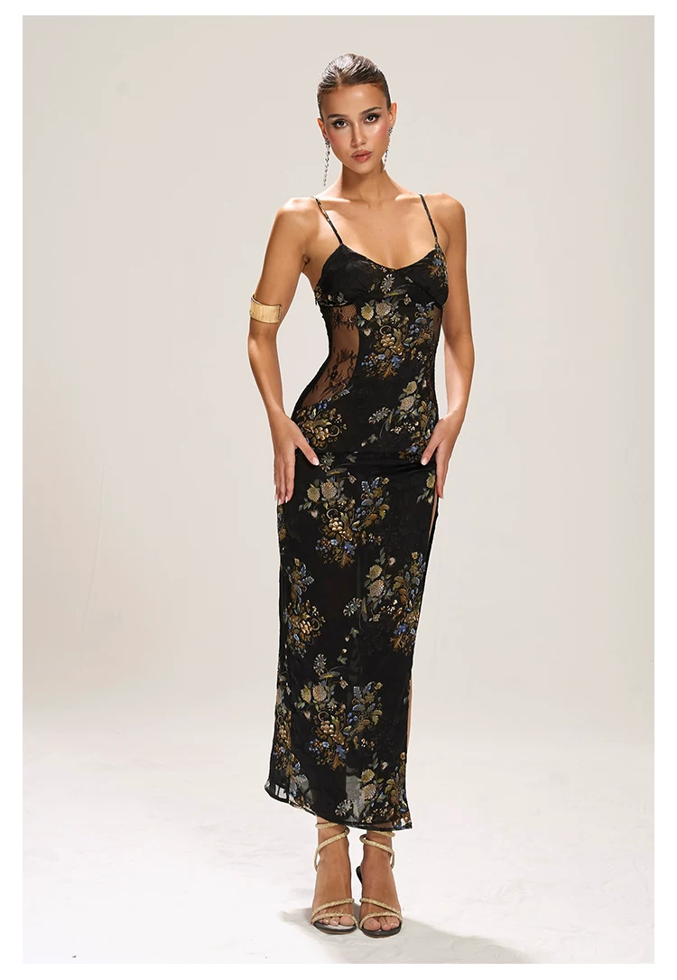 FIND YA WINGS Sheer Mesh Cut-out Waist Panel Midi Dress