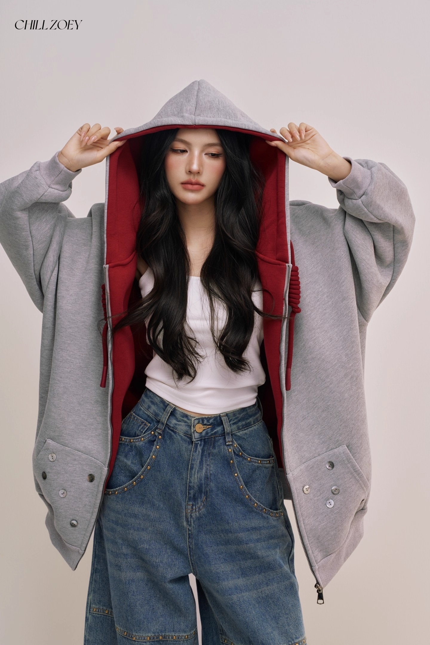 Chill Zoey M690292 Oversized Color-Block Hoodie in Red and Gray
