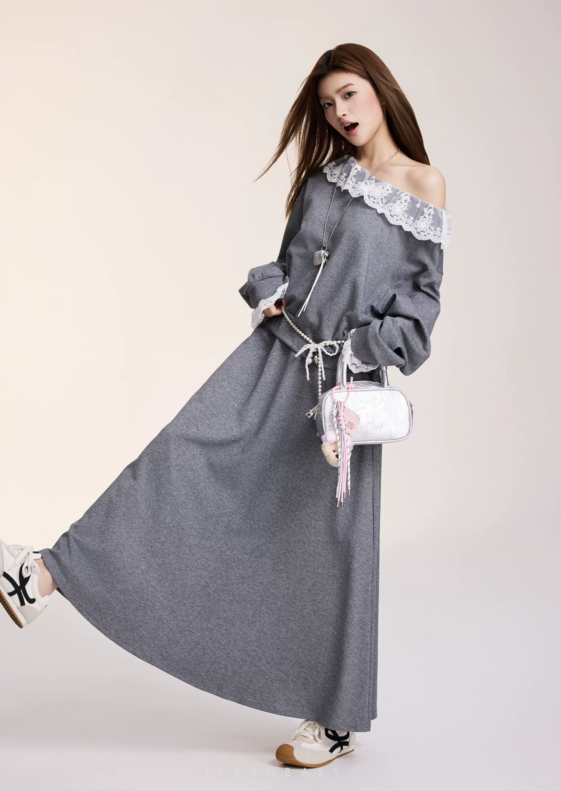 OTEBANBASS Grey Lace-Trim Co-ord Skirt Set