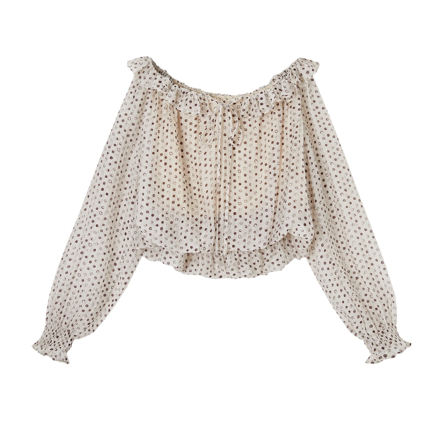 SOMESOWE S2609100 French style off shoulder polka dot ruffle top