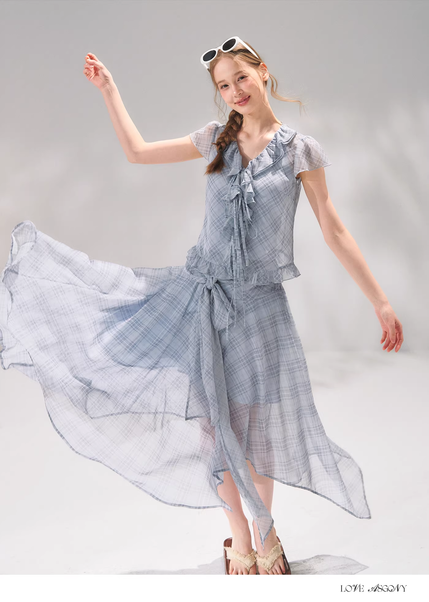 AsGony ASG26065&ASG26066 Tie up plaid chiffon top + skirt