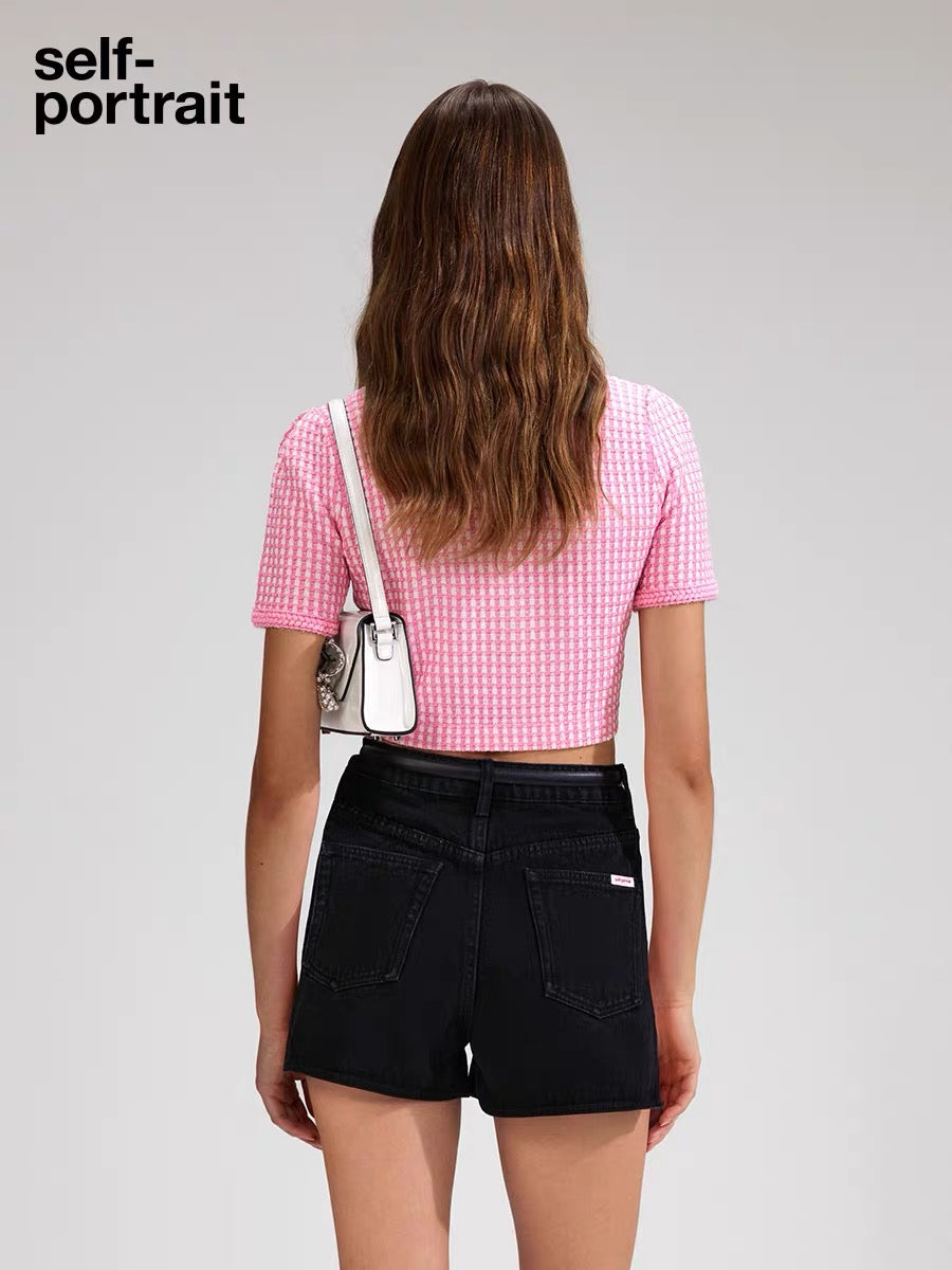Self-Portrait PINK GRID KNIT TOP