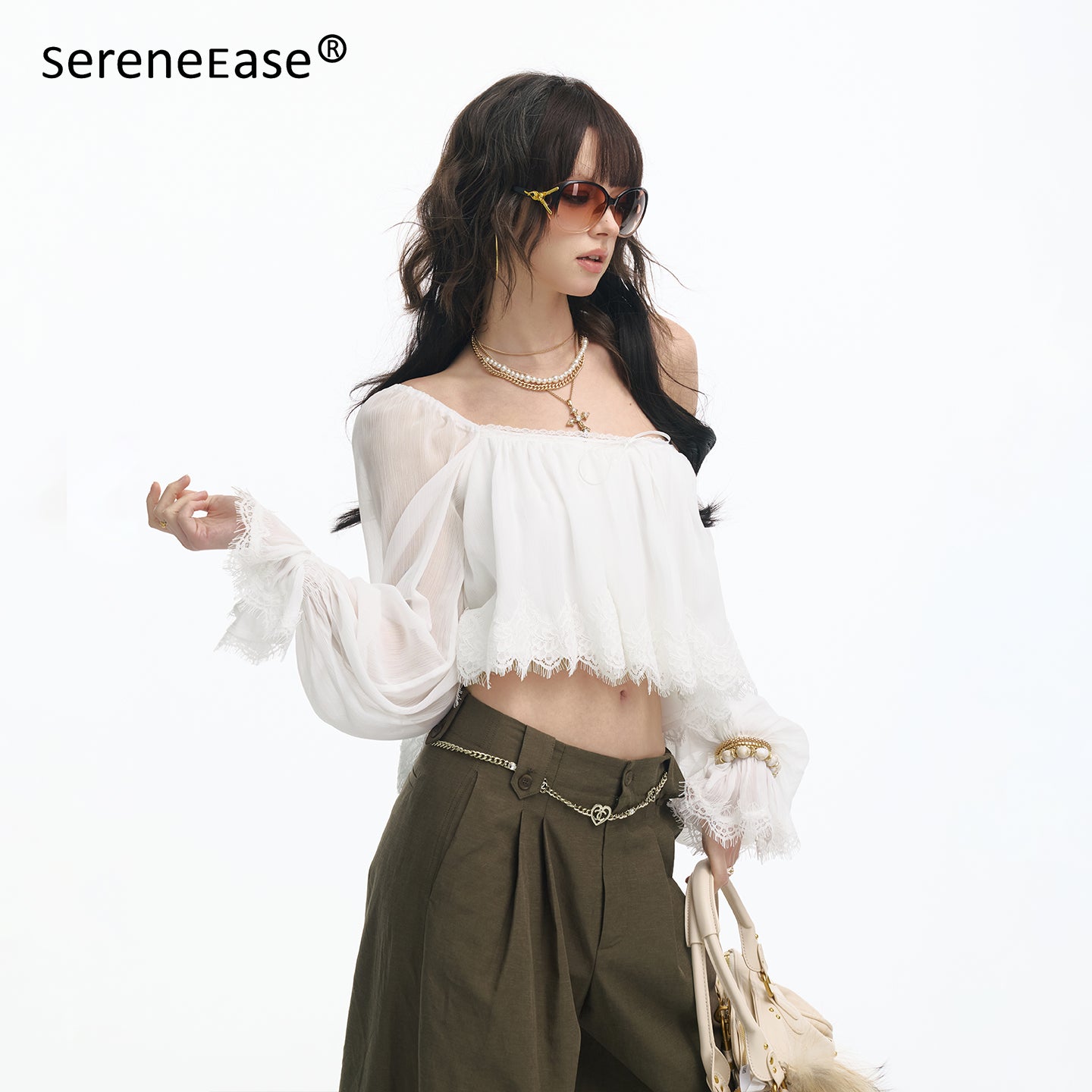 Serene Ease Off shoulder lace patchwork top
