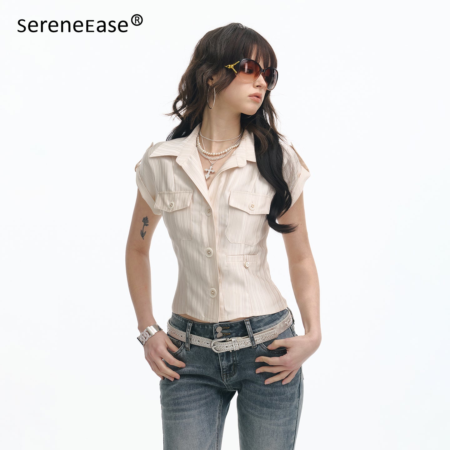 Serene Ease Glossy satin waist cinching short sleeved shirt