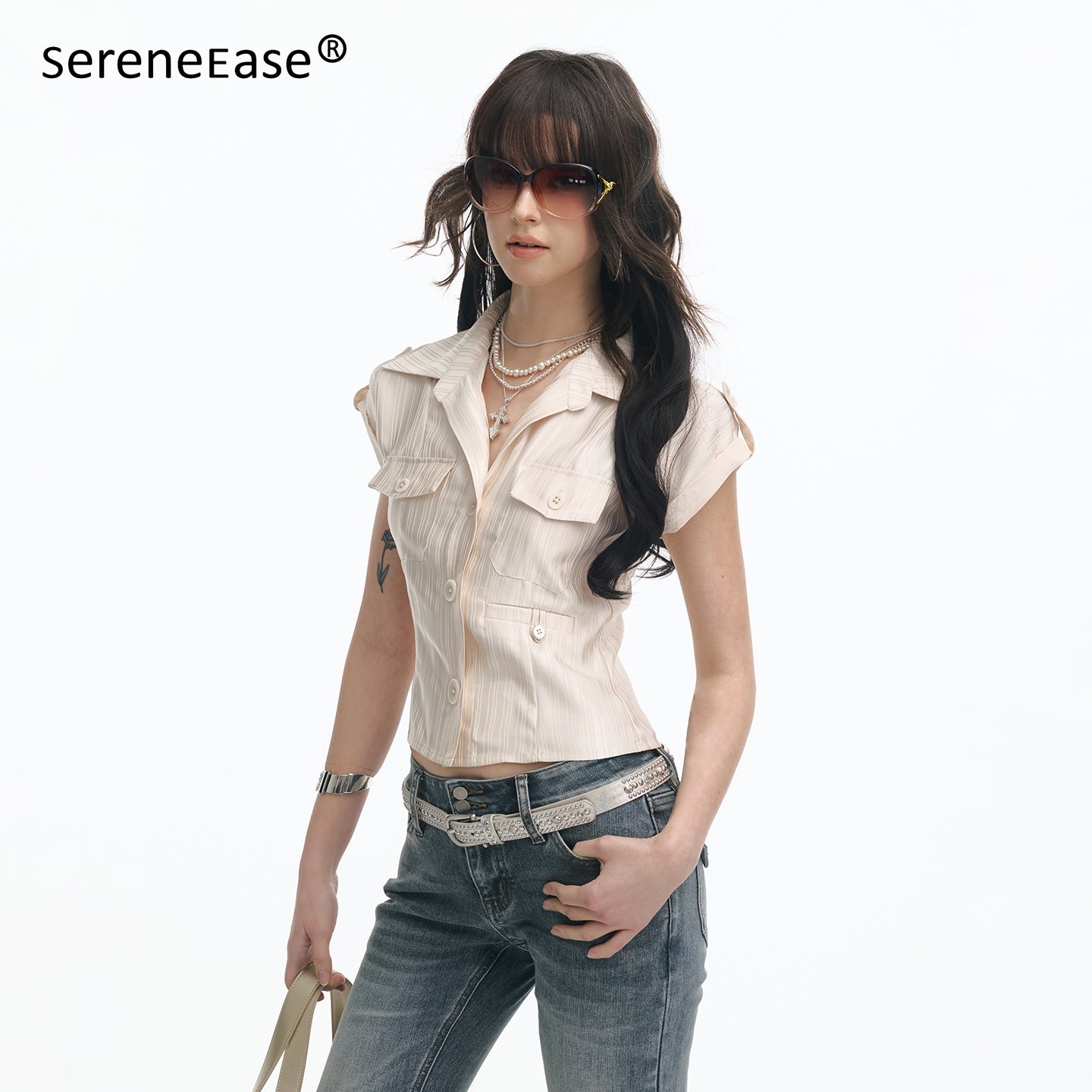 Serene Ease Glossy satin waist cinching short sleeved shirt