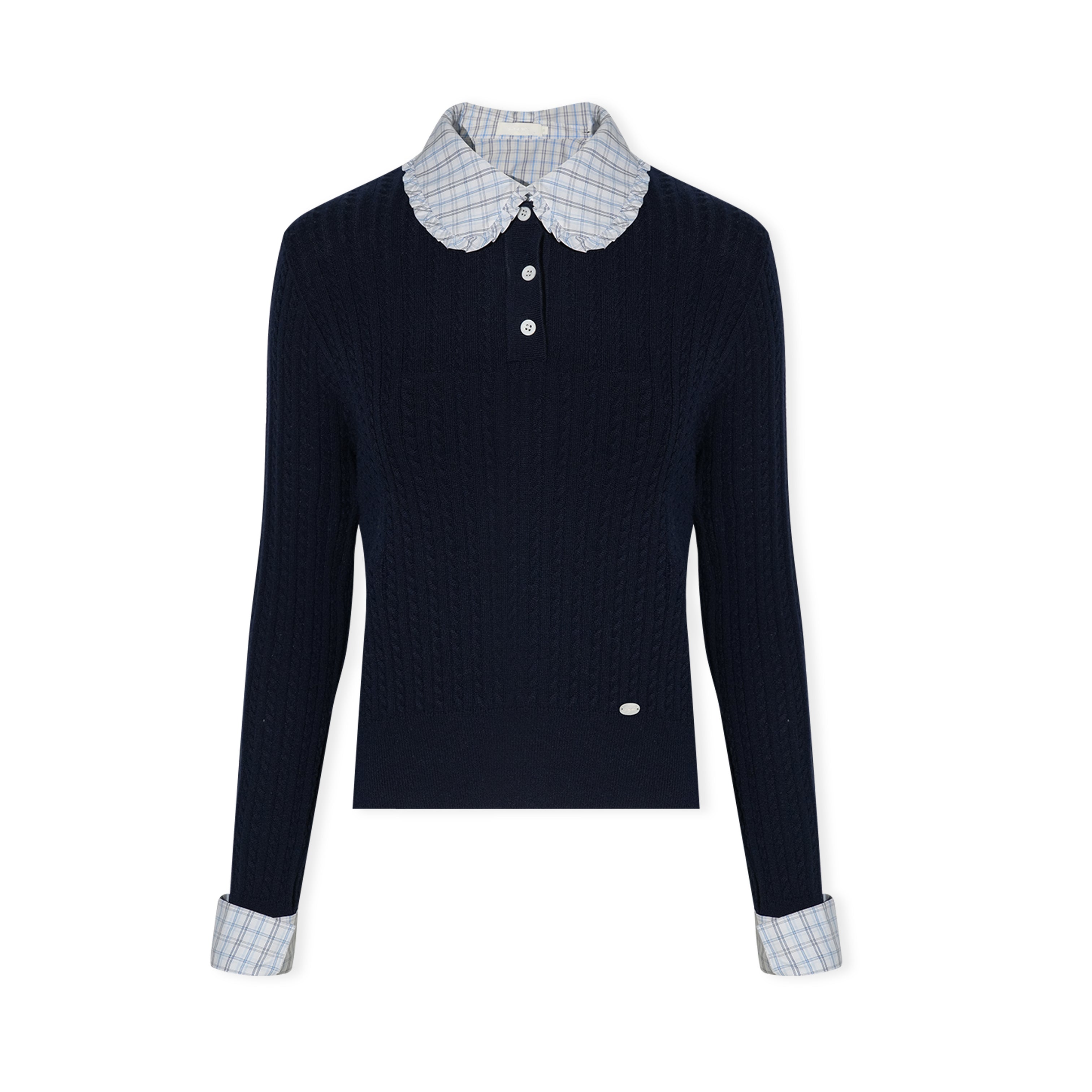 16DEWS 16D26009 Fake two-piece checkered spliced knitted sweater