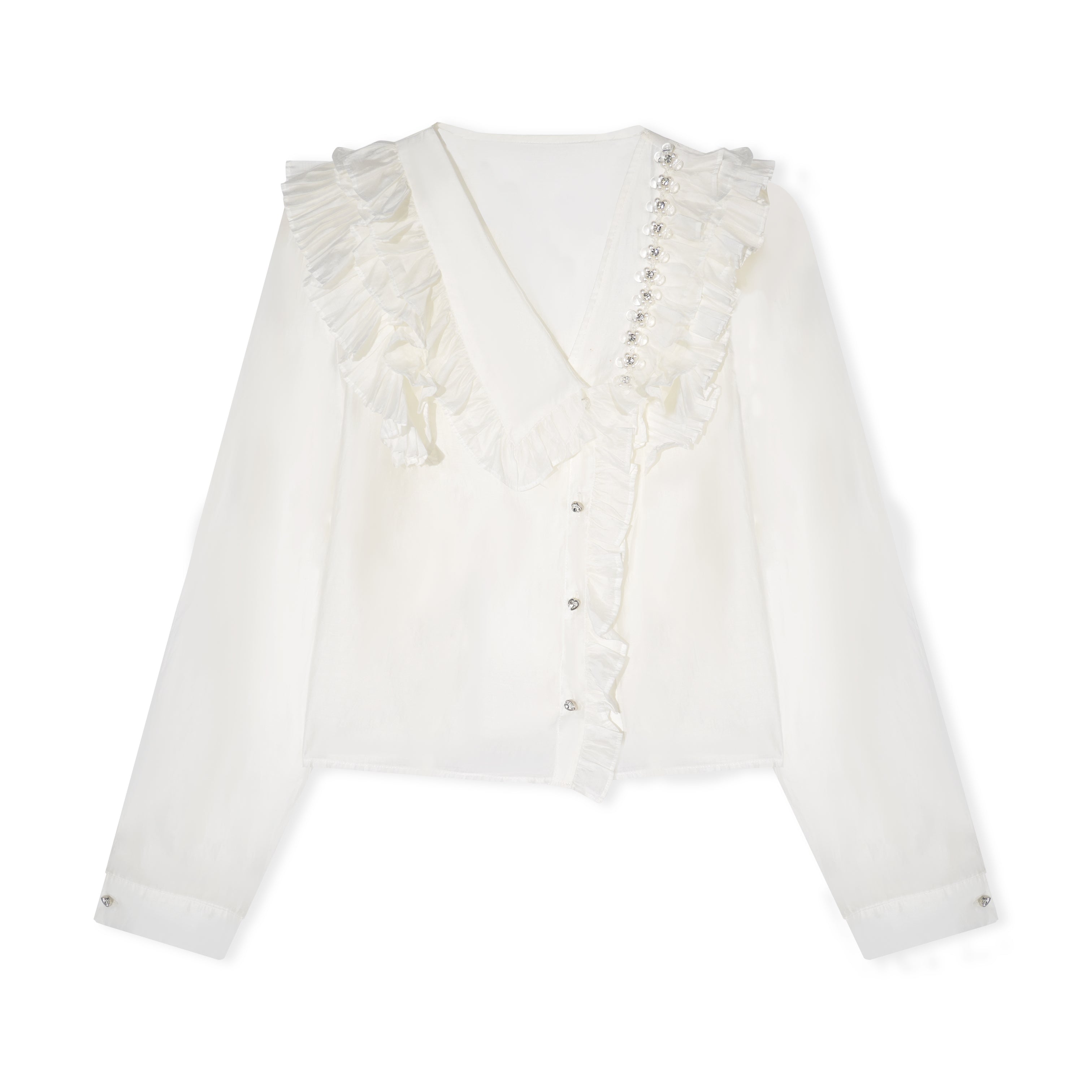 16DEWS 16D26023 Asymmetric V-neck long sleeved shirt with pleated edges