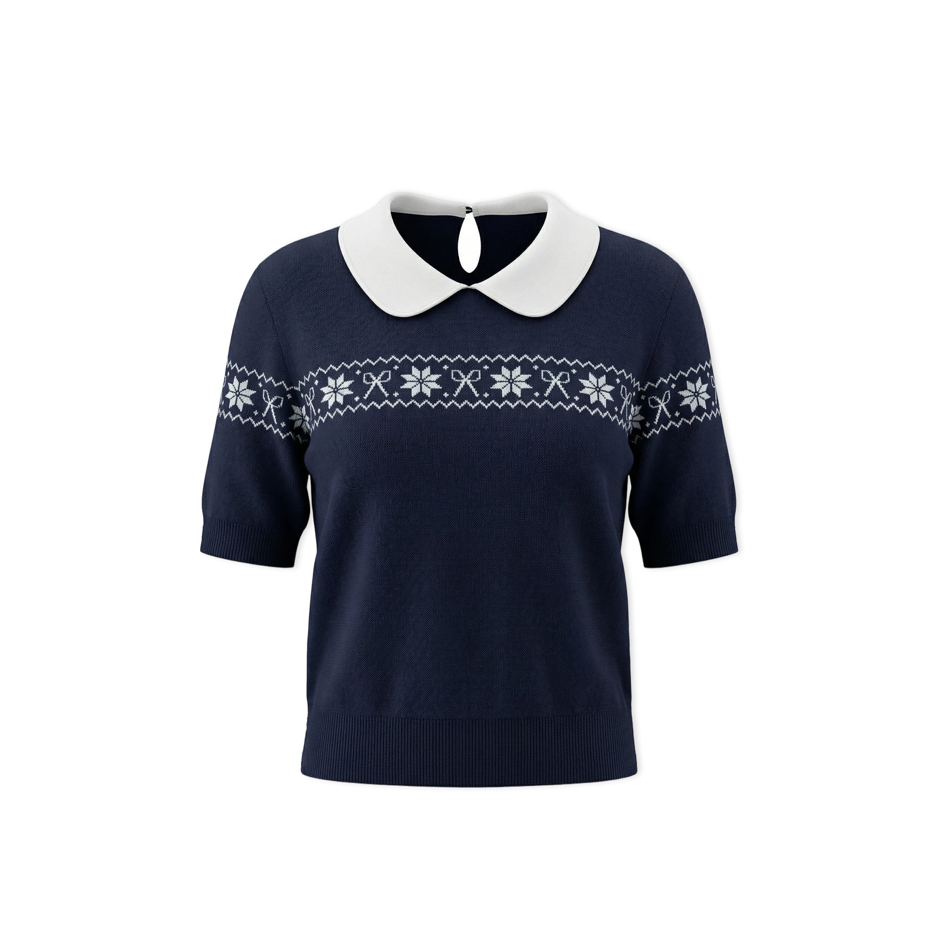 16DEWS 16D246070 Color blocked doll neck Fer Island short sleeved knit sweater