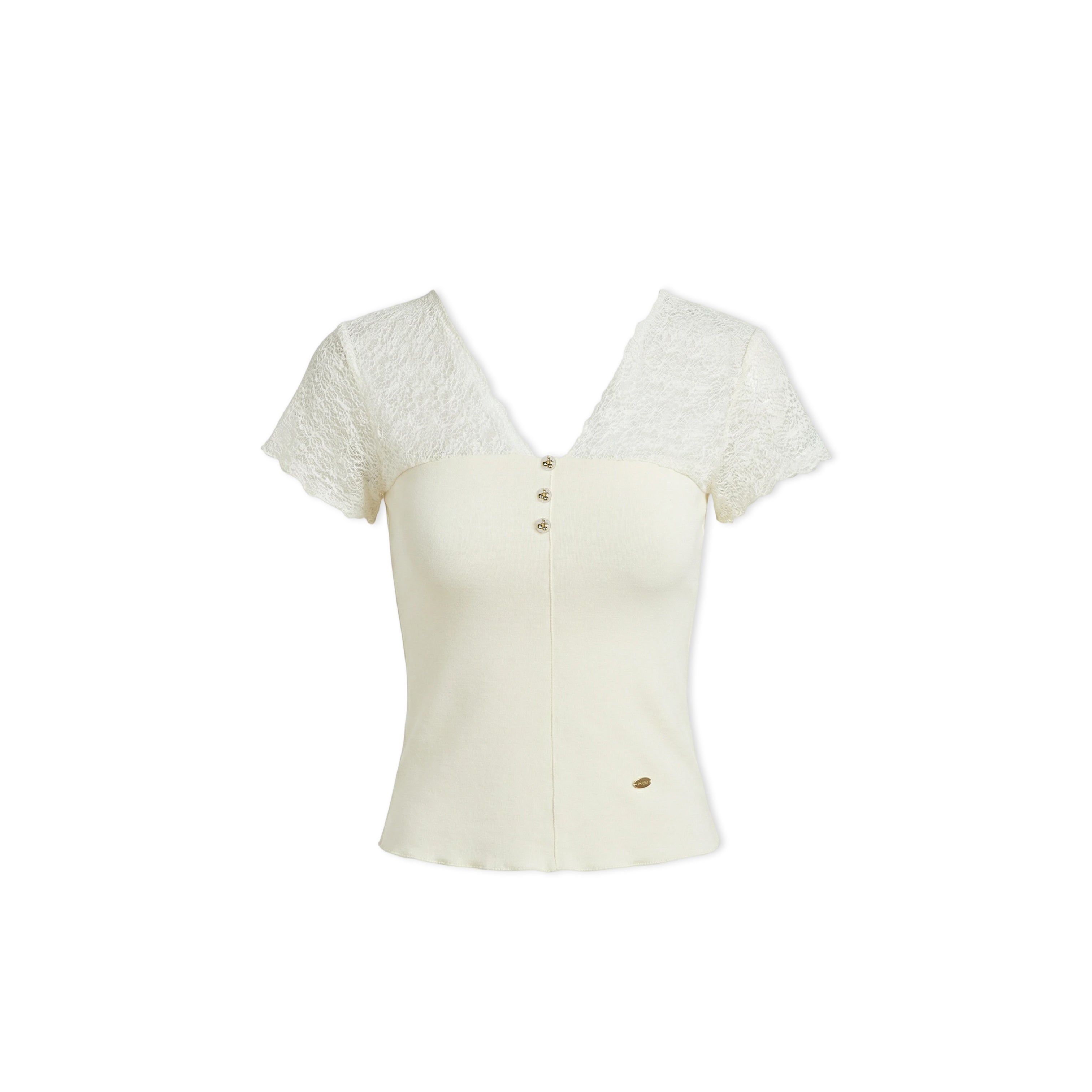 16DEWS 16D246058 Lace patchwork V-neck slim fit short sleeved top