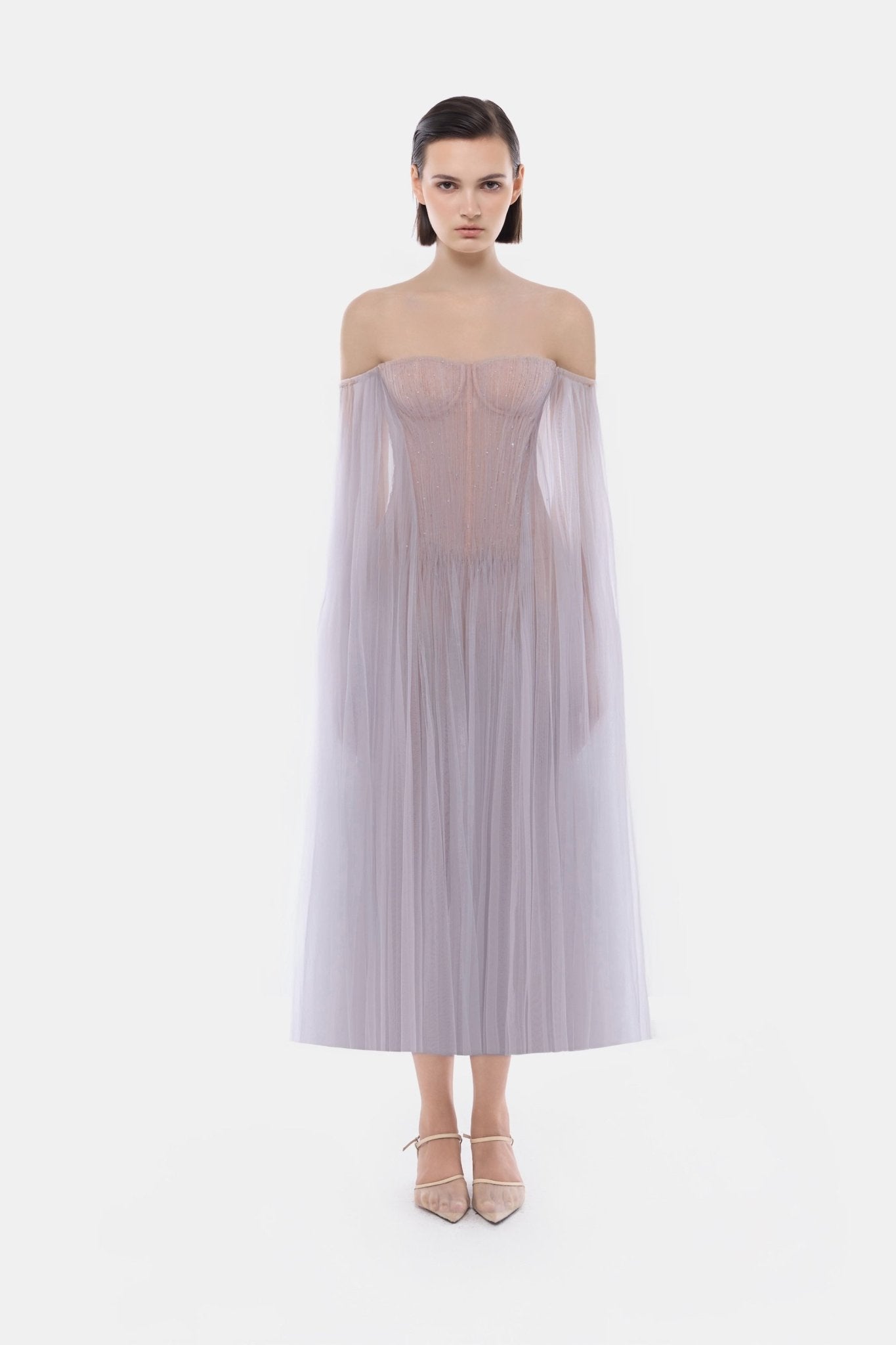 Montsand Violet Tulle Off-shoulder Midi Dress