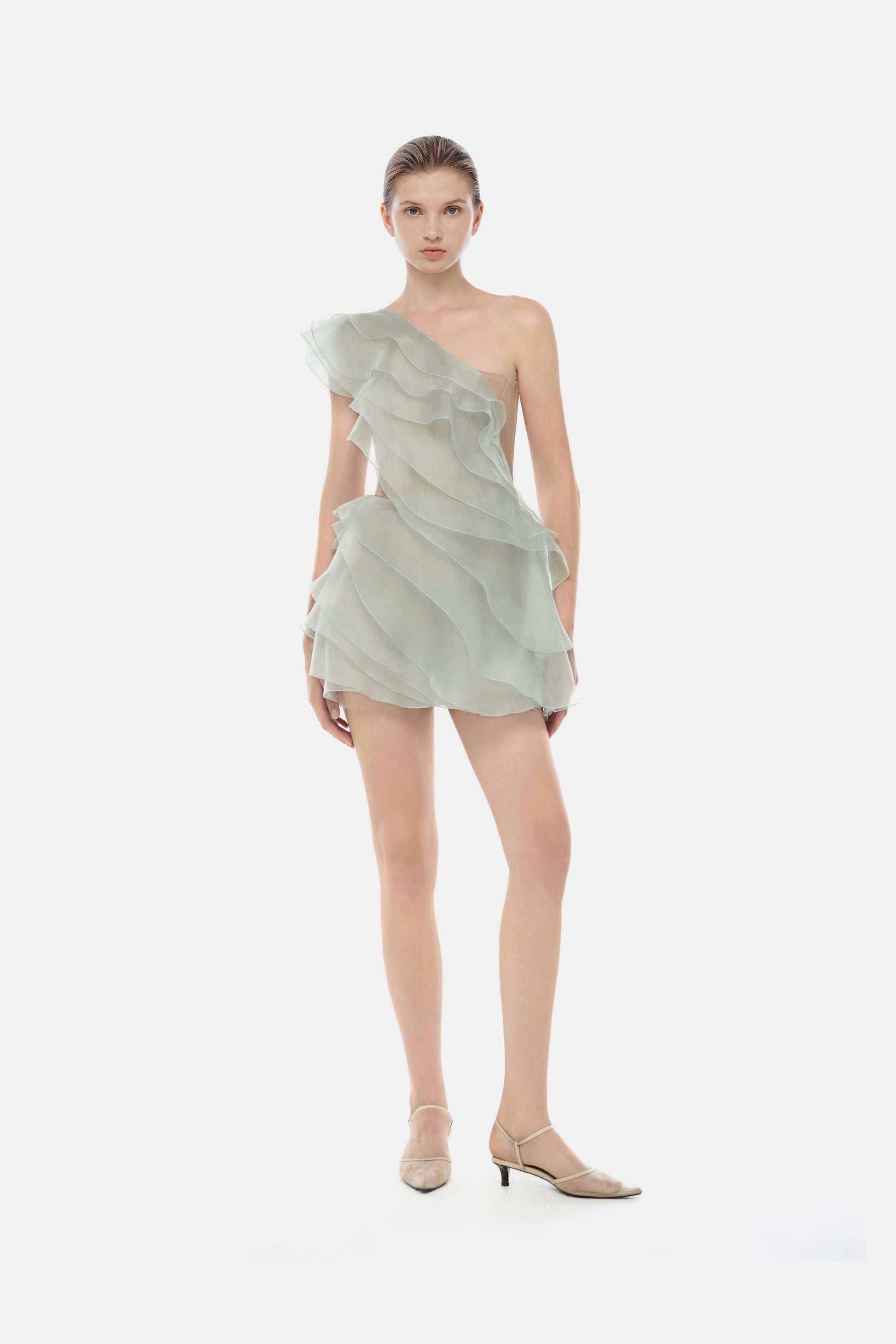 Montsand Mint Ruffle One-Shoulder Mini Dress