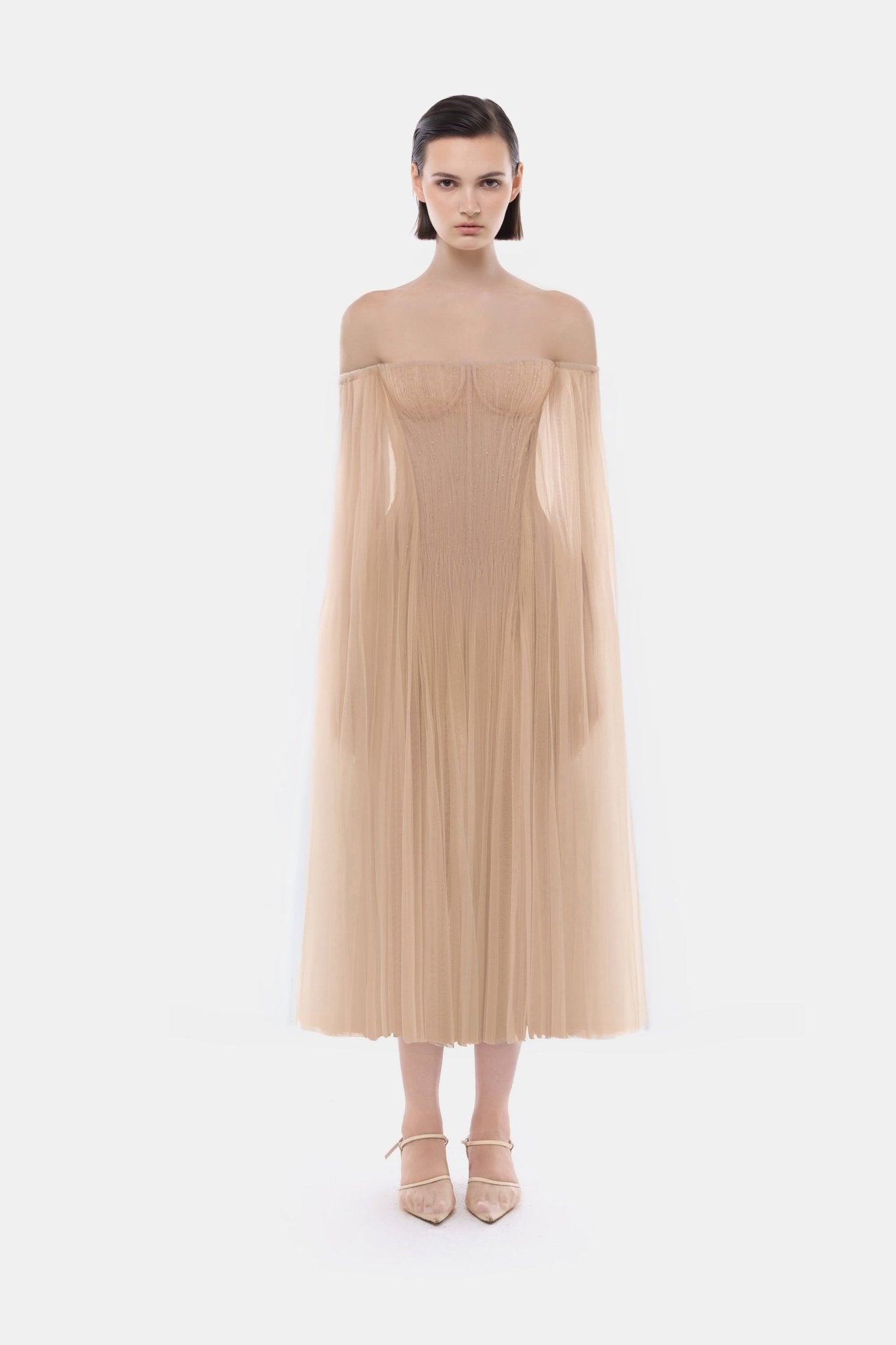 Montsand Peach Tulle Off-shoulder Midi Dress