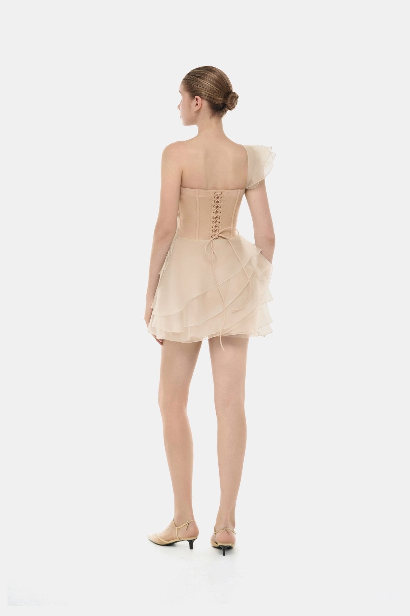Montsand Beige Ruffle One-Shoulder Mini Dress