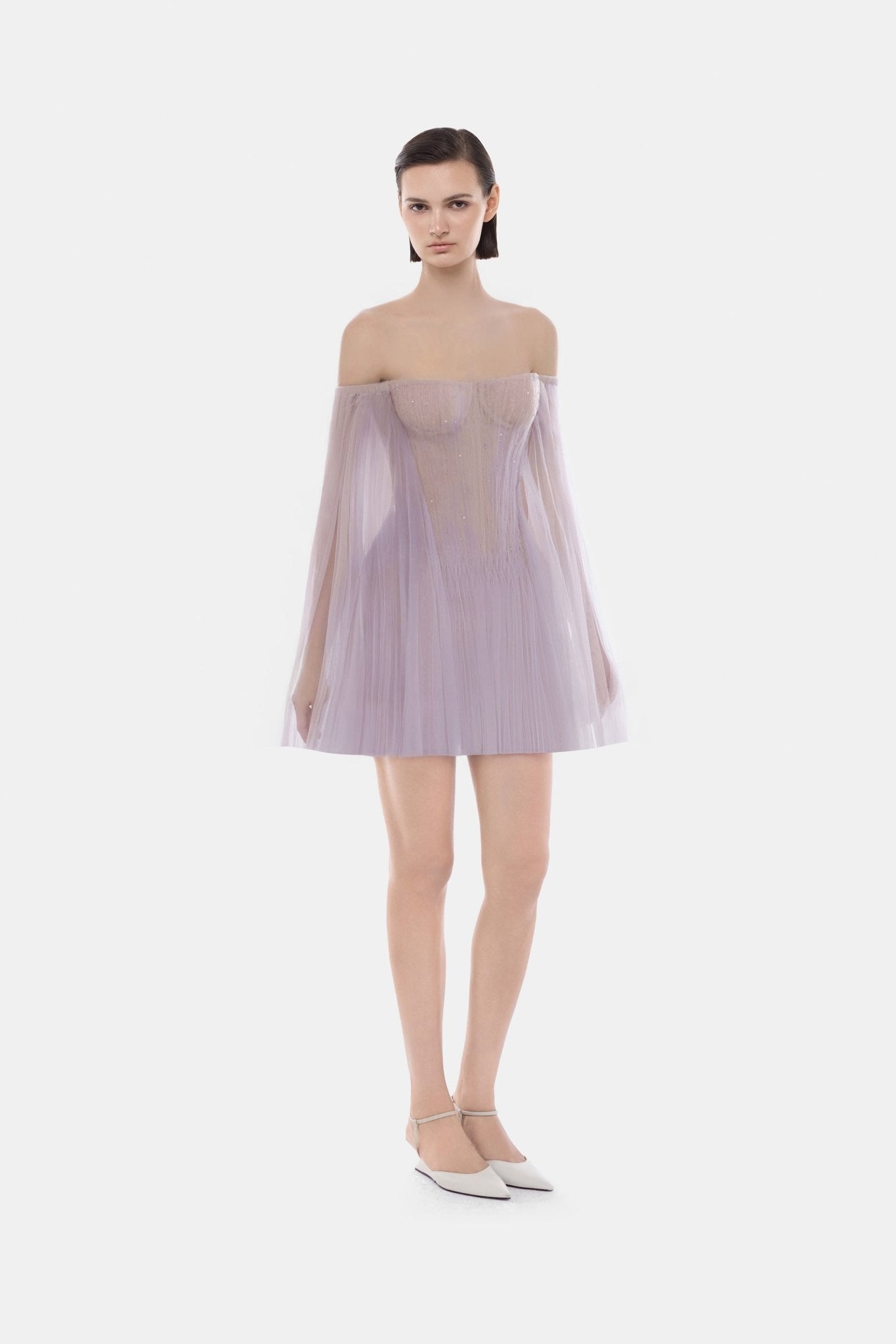 Montsand Violet Tulle Off-shoulder Mini Dress