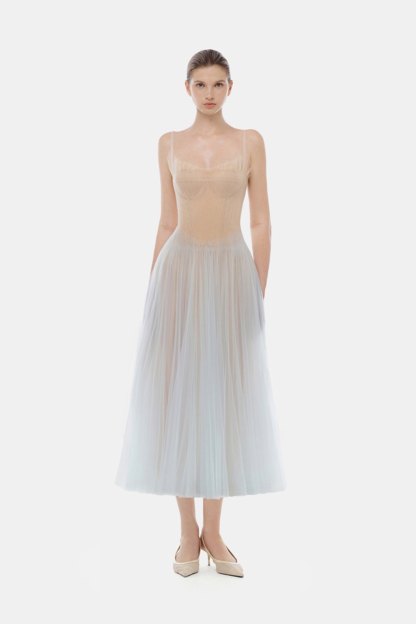 Montsand Blue Corset Tulle Midi Dress
