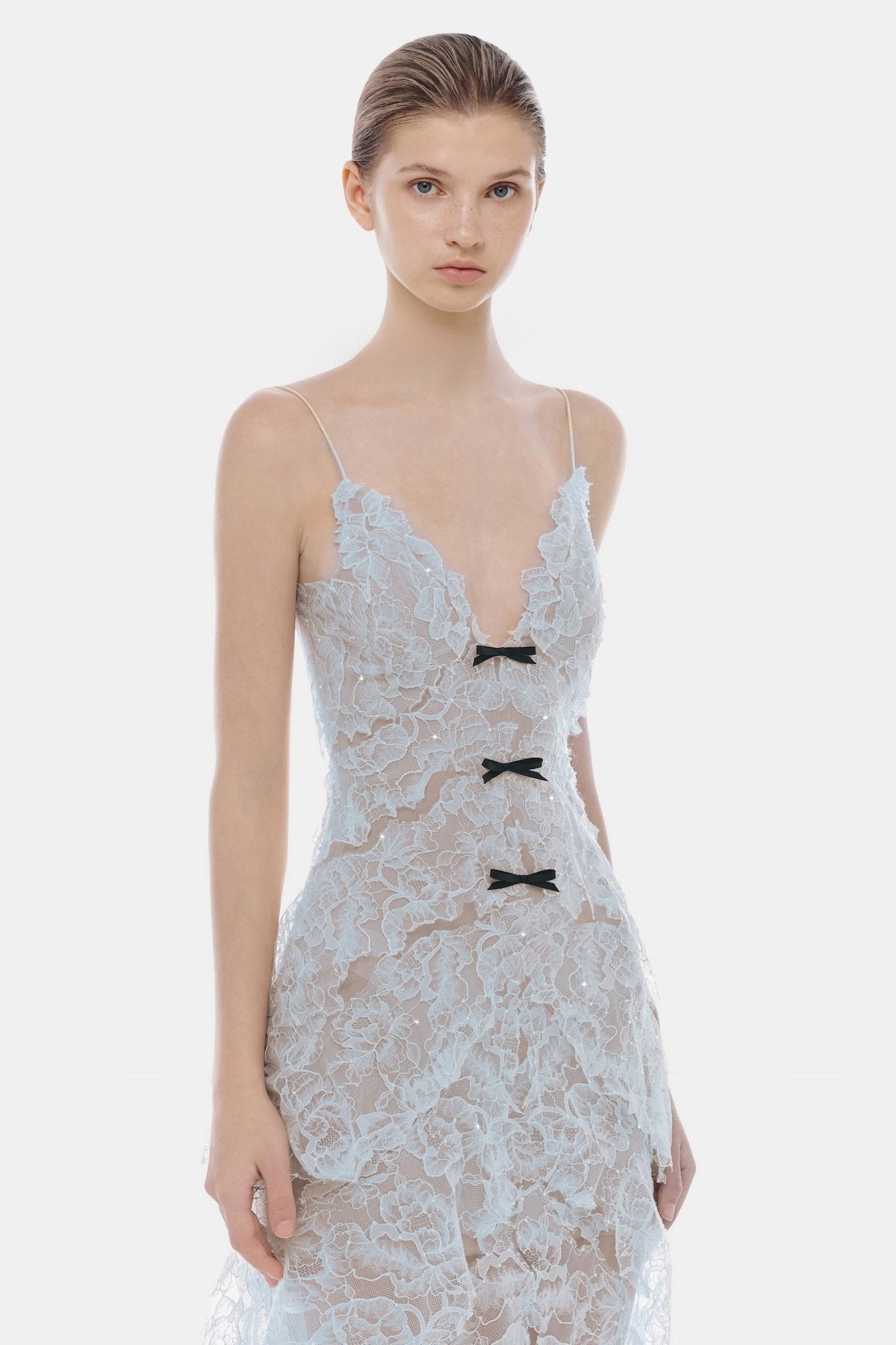 Montsand Blue Floral Bow Vneck Midi Dress