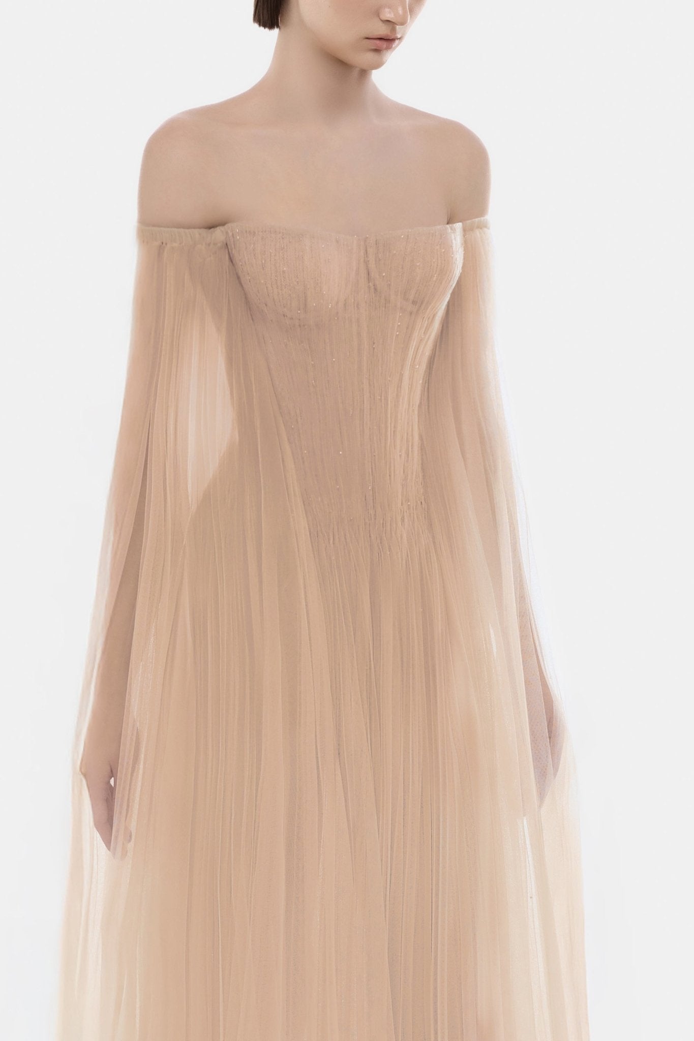 Montsand Peach Tulle Off-shoulder Midi Dress
