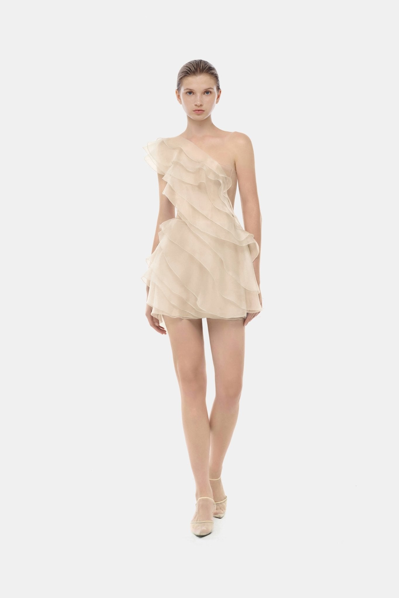 Montsand Beige Ruffle One-Shoulder Mini Dress