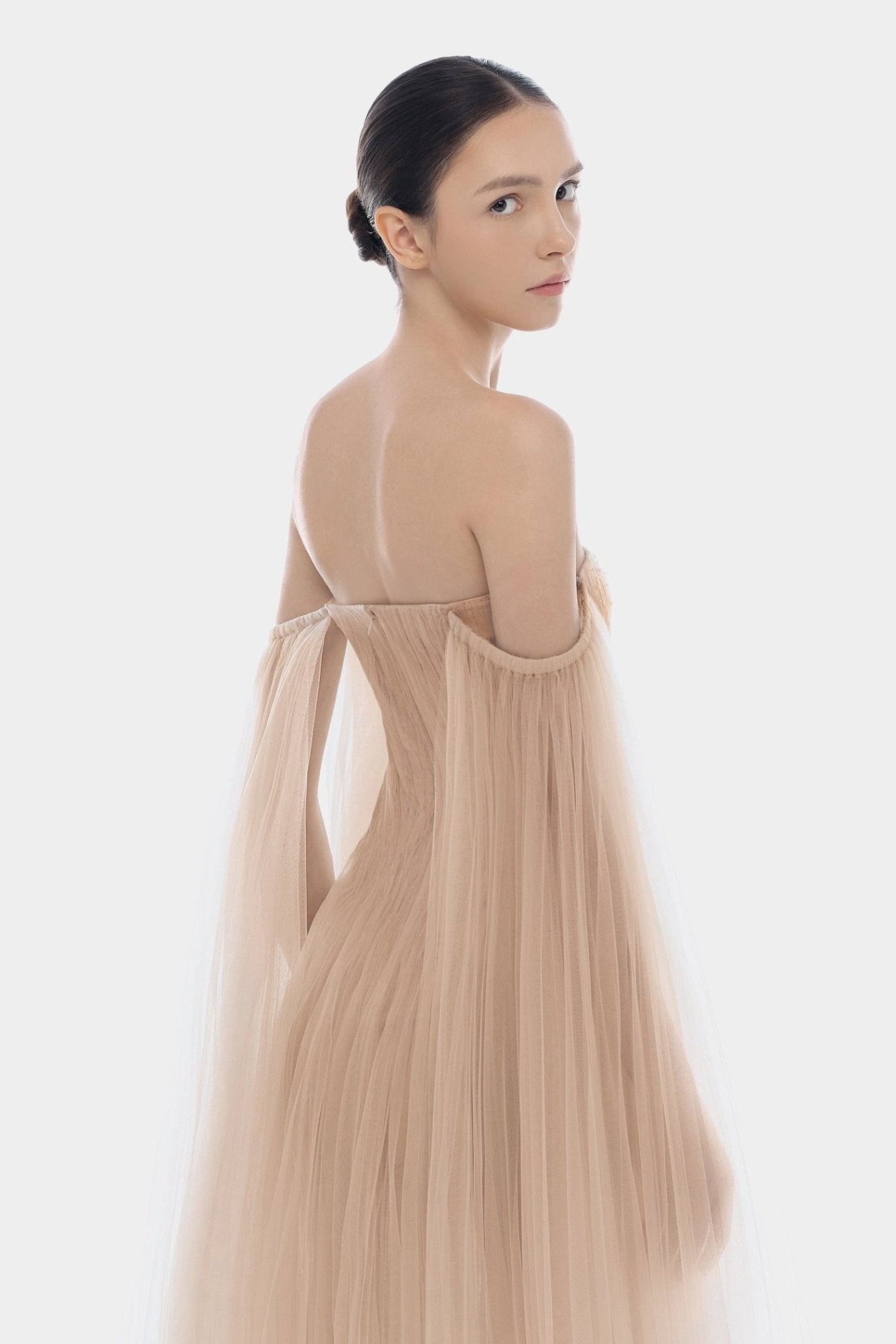 Montsand Peach Tulle Off-shoulder Mini Dress