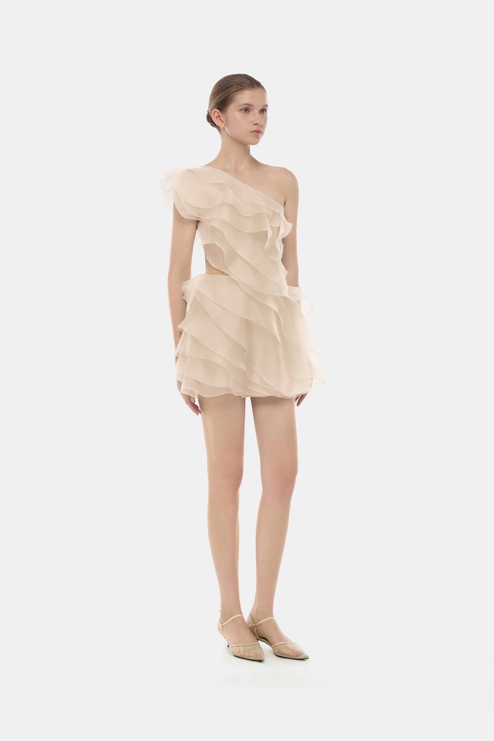 Montsand Beige Ruffle One-Shoulder Mini Dress