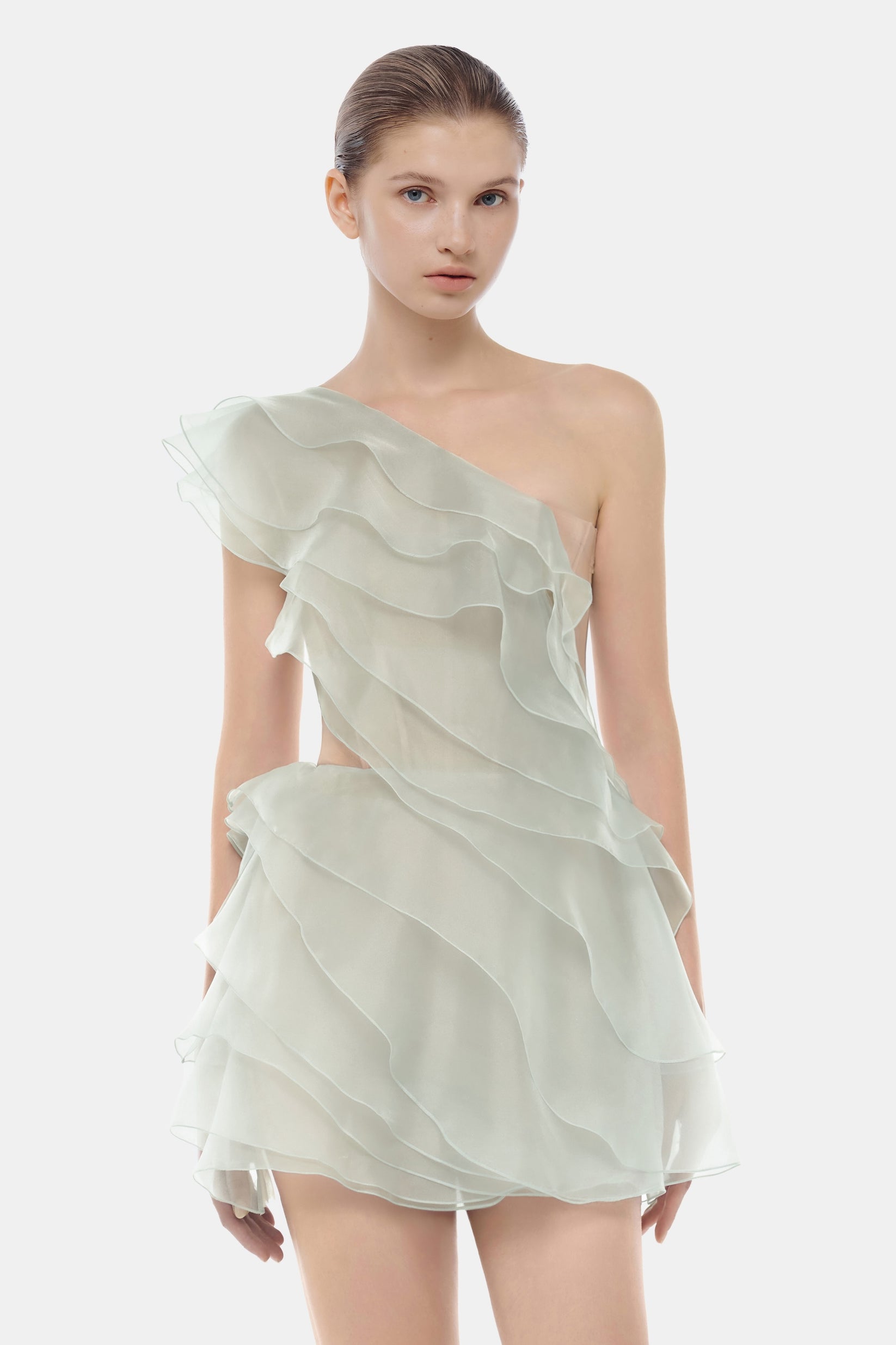 Montsand Mint Ruffle One-Shoulder Mini Dress