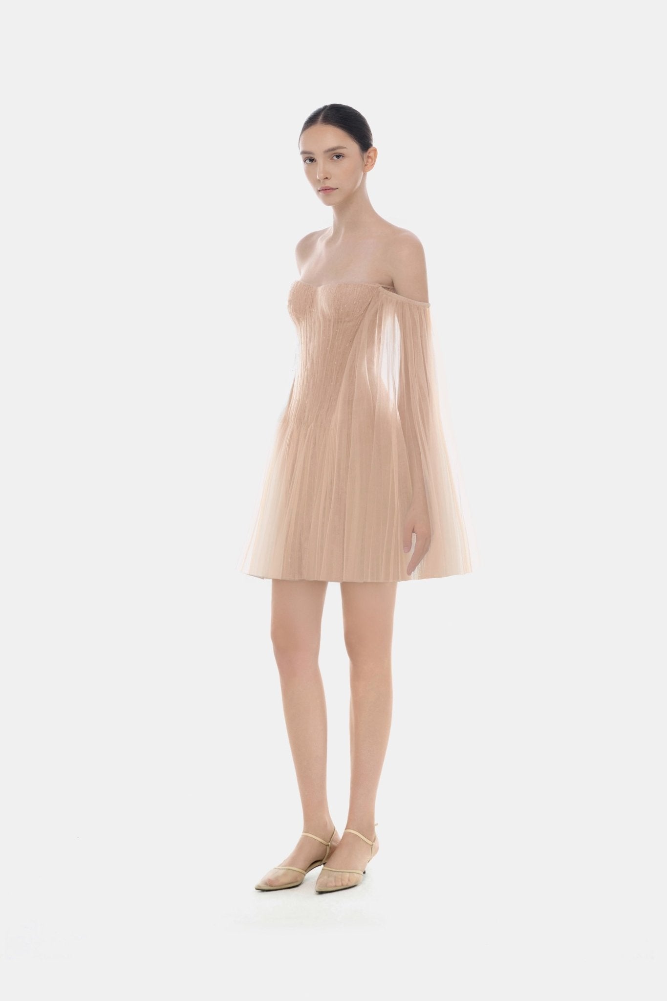 Montsand Peach Tulle Off-shoulder Mini Dress