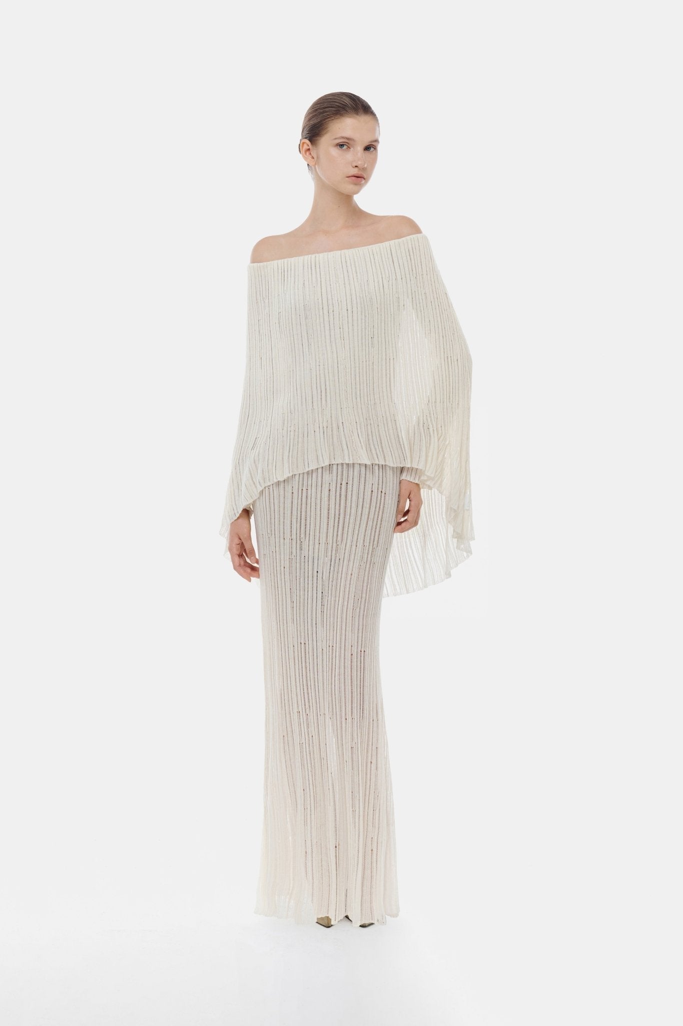 Montsand White Off-Shoulder Pleated Maxi Dress