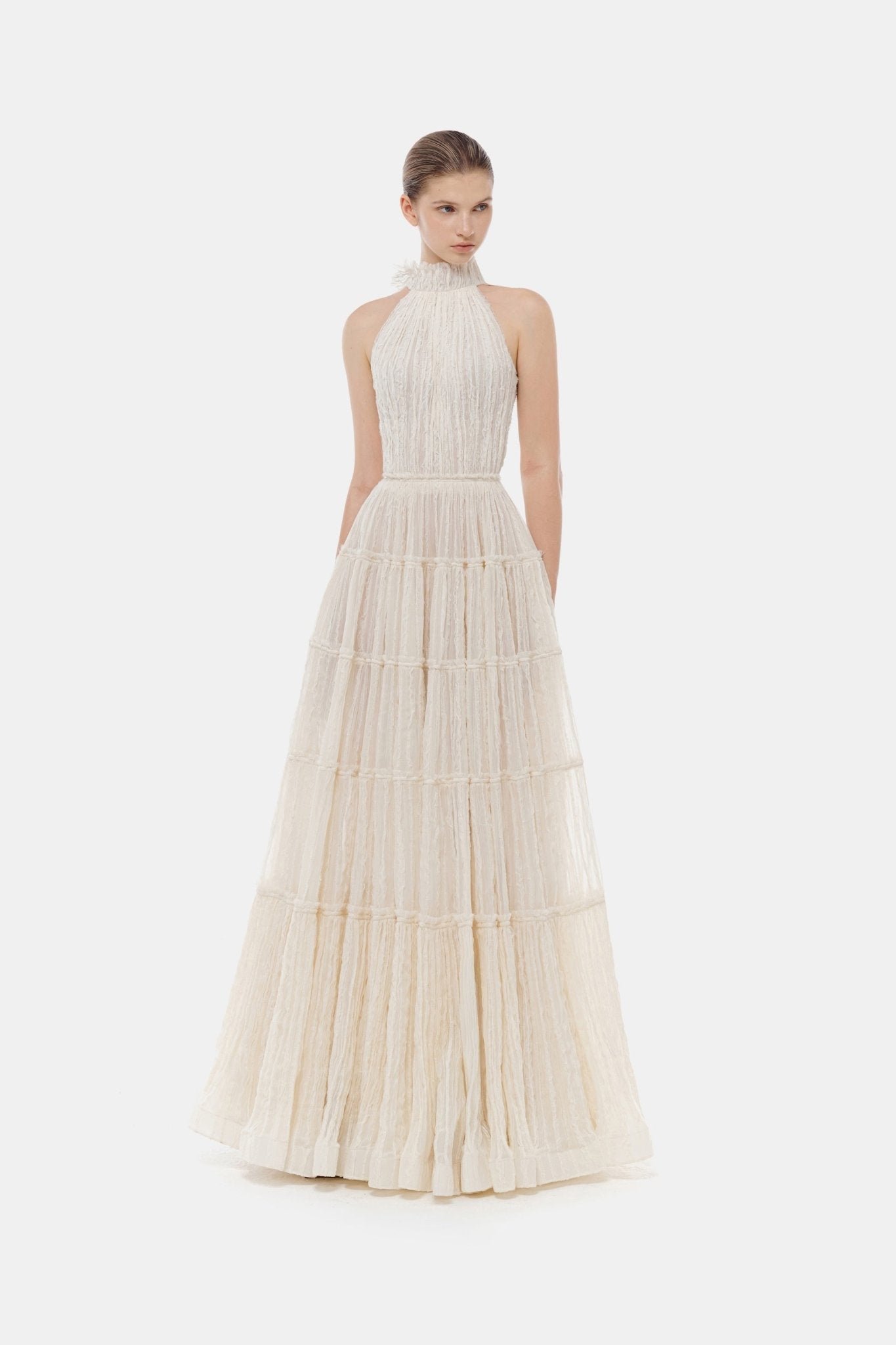 Montsand Ivory Tiered Halter Maxi Dress