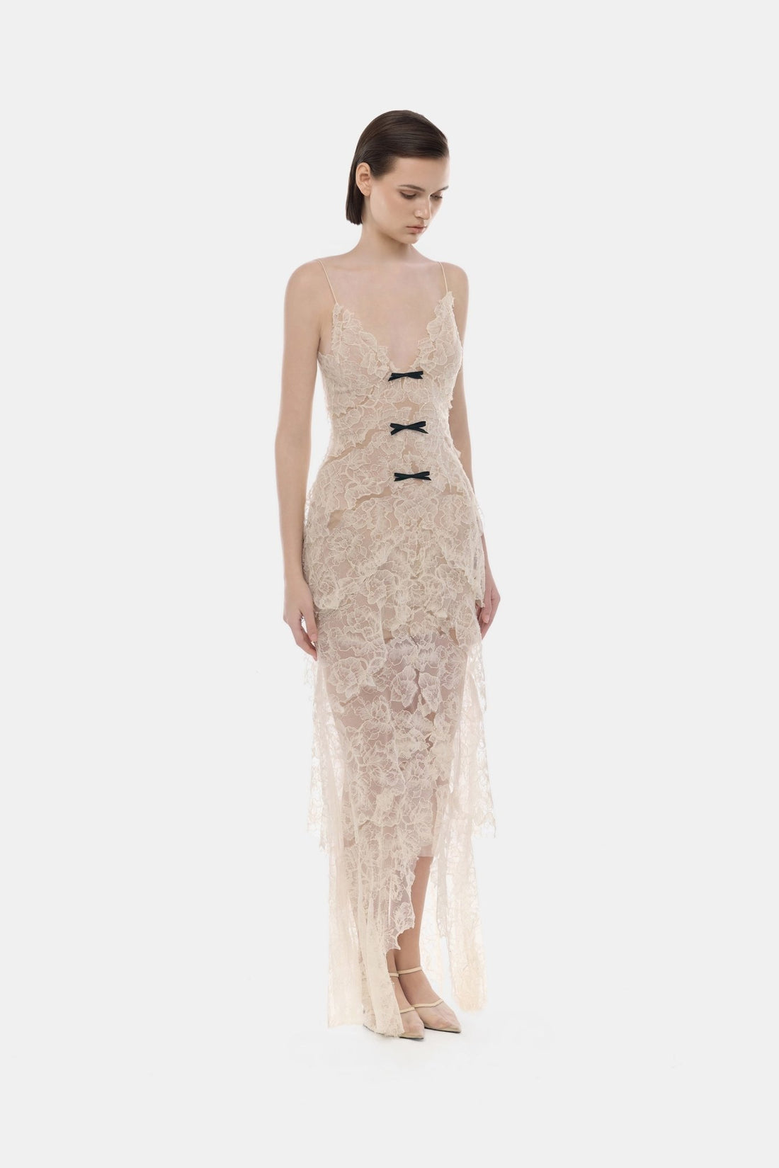 Montsand Beige Floral Bow Vneck Maxi Dress