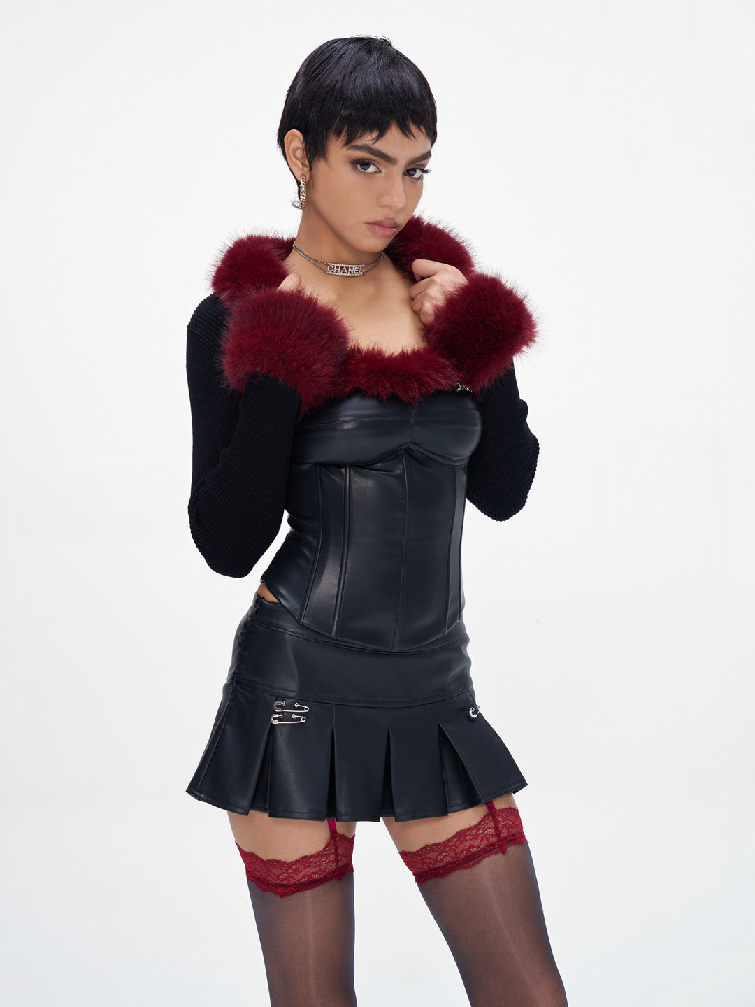 JYOSEI Plush spliced fishbone PU leather corset