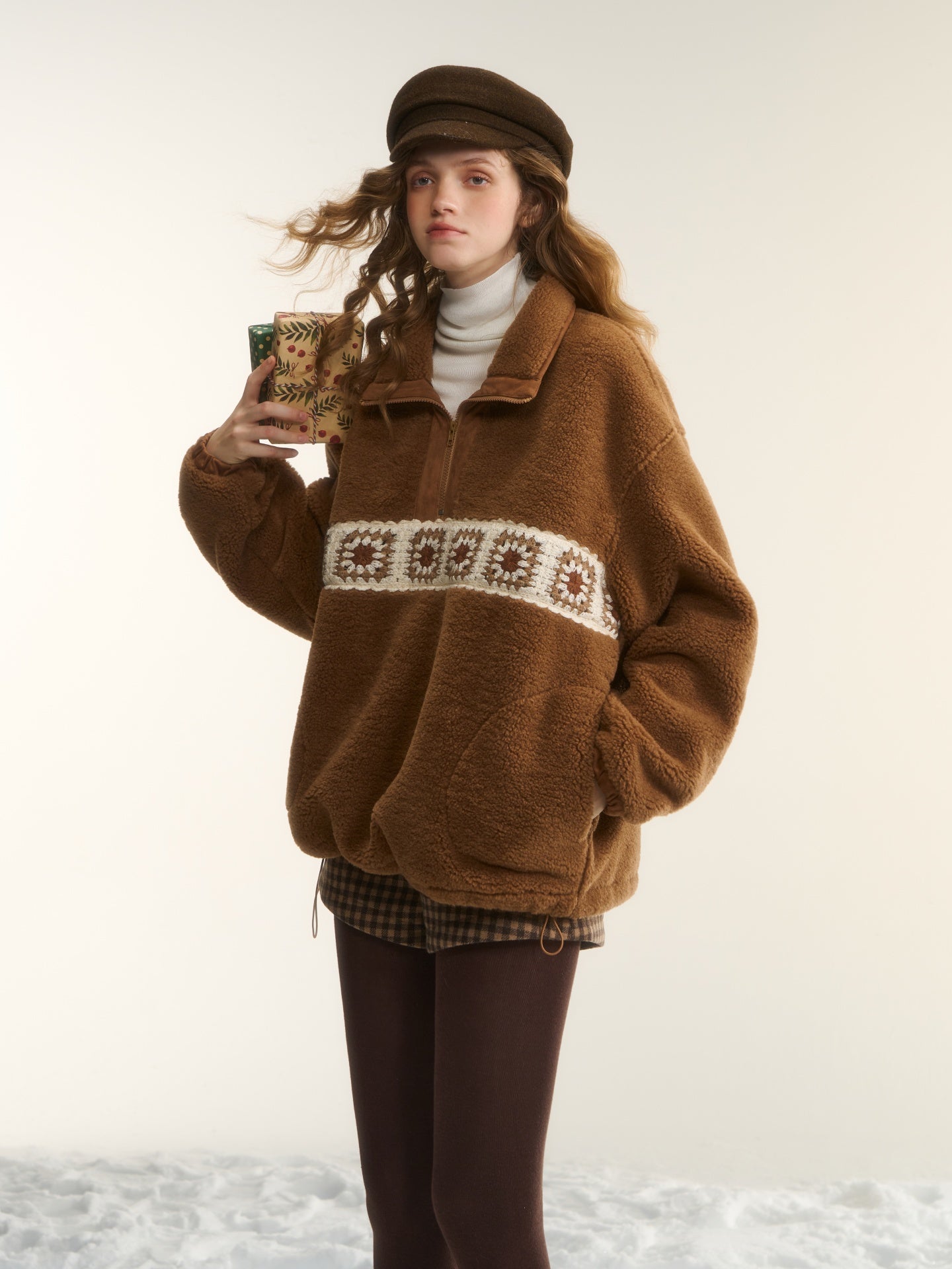 AsGony ASG25542 Crochet flower particle velvet zipper hoodie