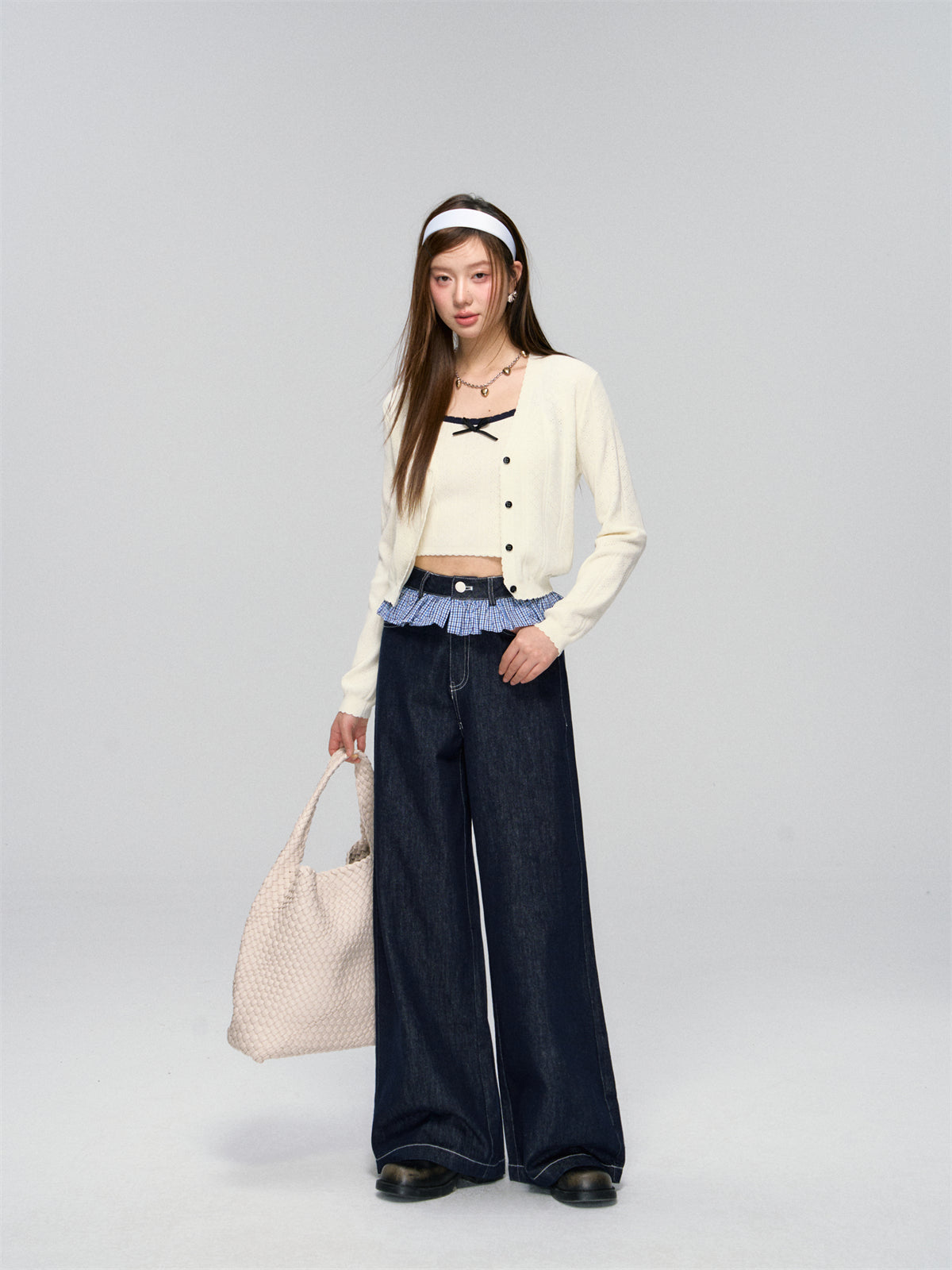 AsGony ASG25041 Color blocking bow strap cardigan two-piece set