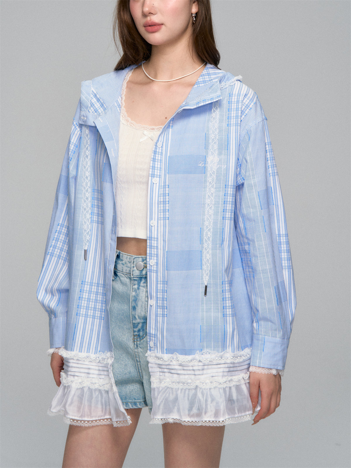 AsGony ASG25122 Plaid patchwork lace hooded shirt