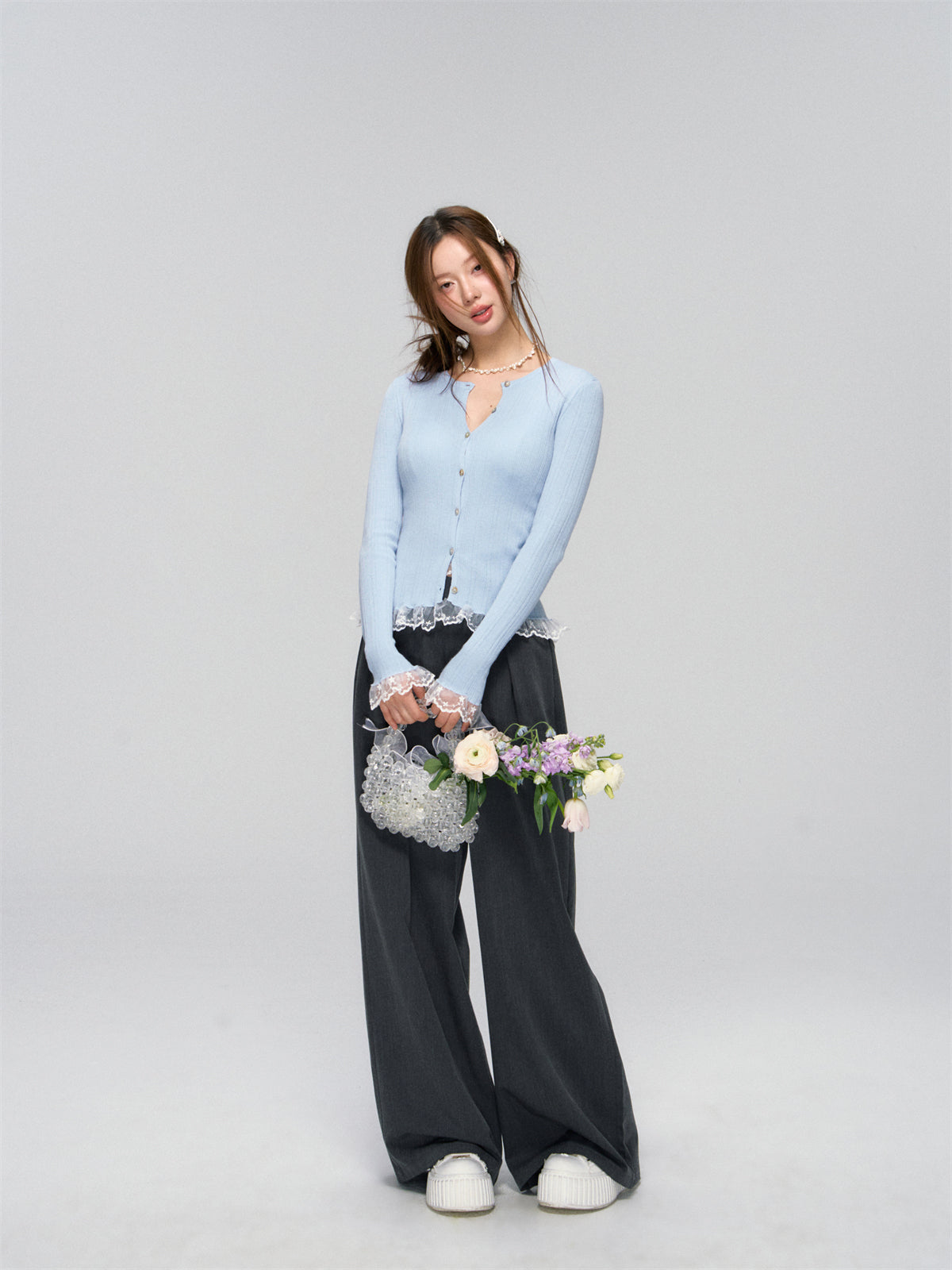 AsGony ASG25039 Lace hem patchwork knit cardigan (2color)