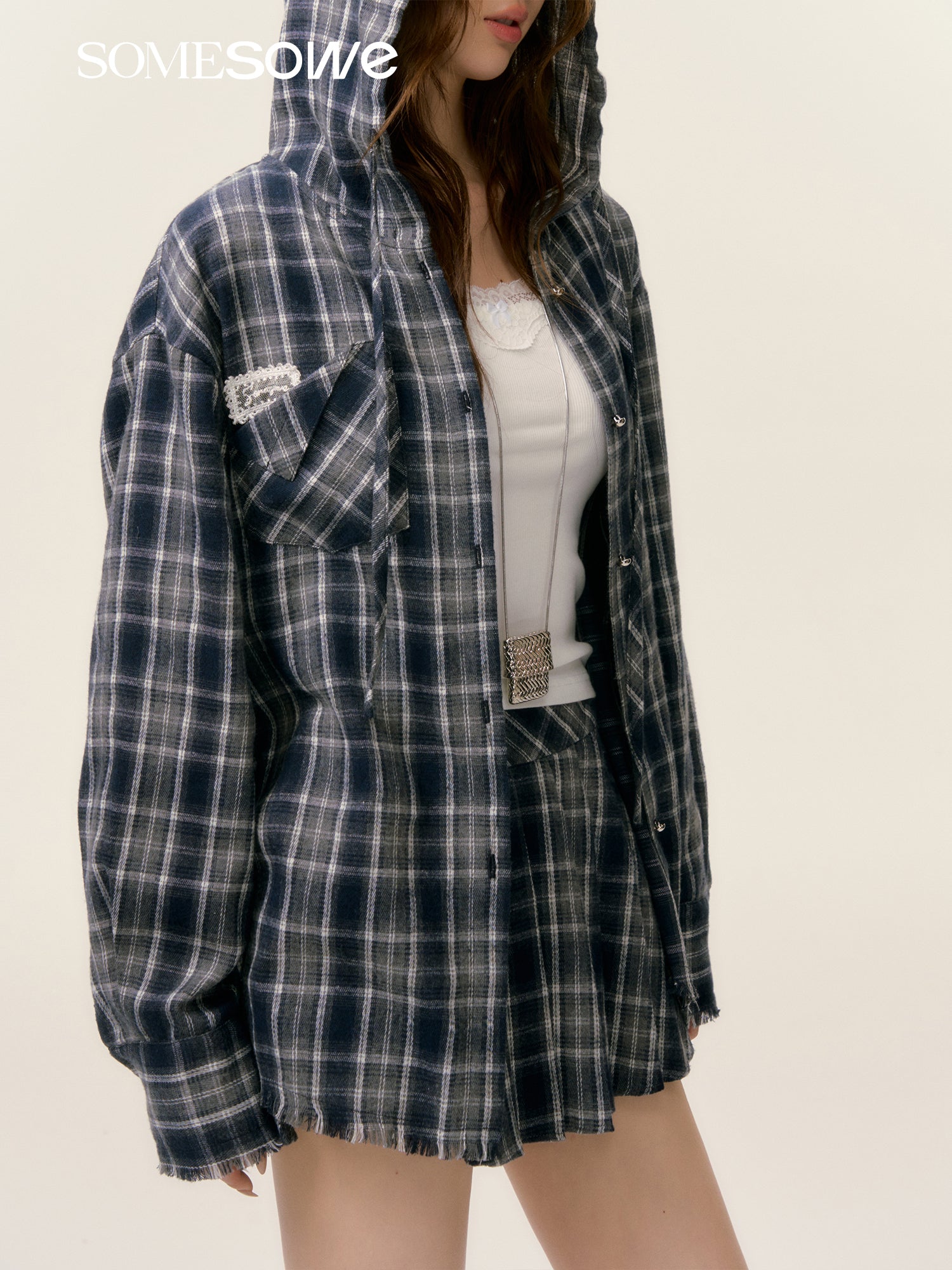 SOMESOWE S2508025&S2508026 Plaid hooded shirt + shorts set(seperate)