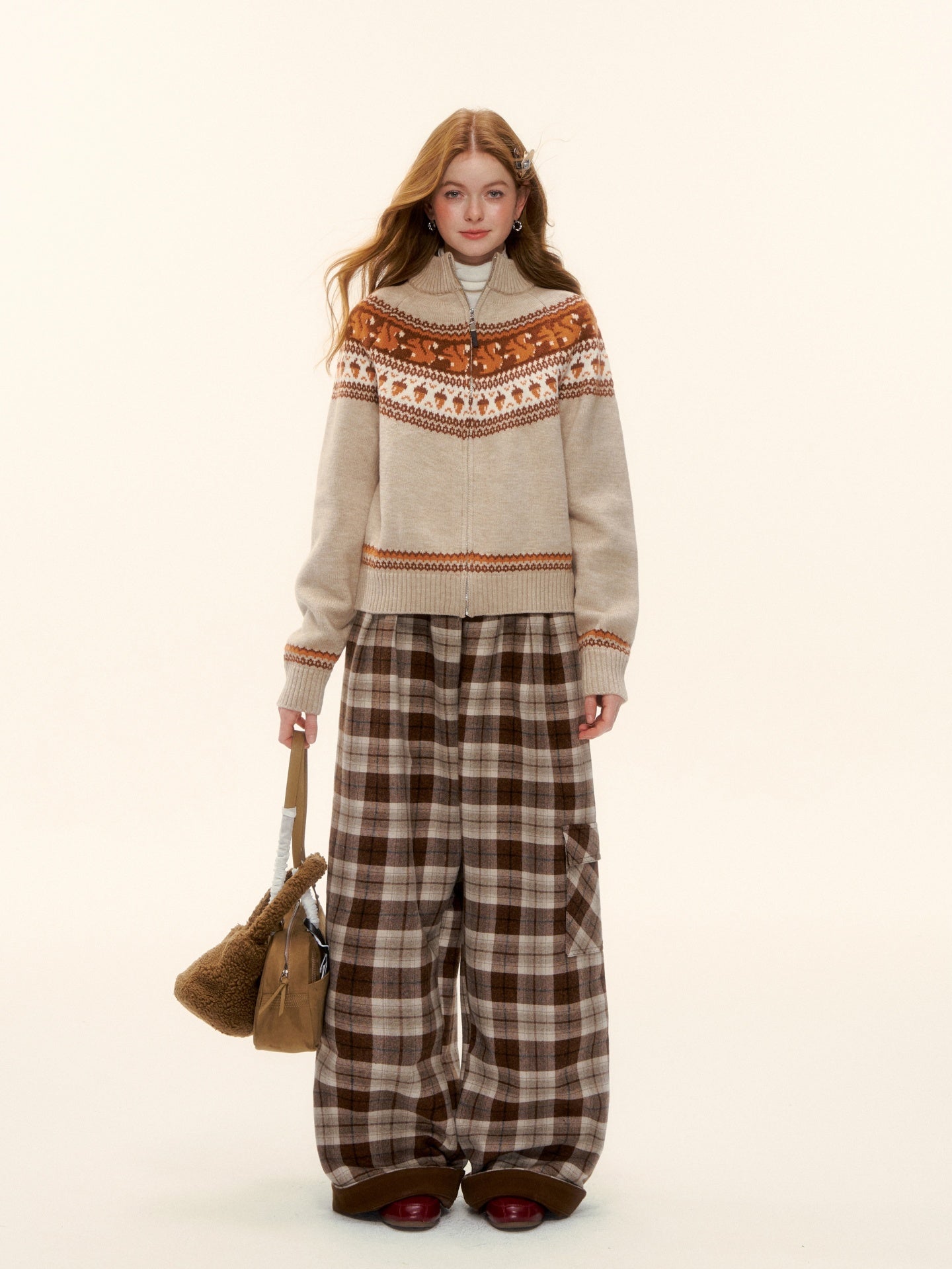 AsGony ASG25629 Elastic plaid wide leg casual pants