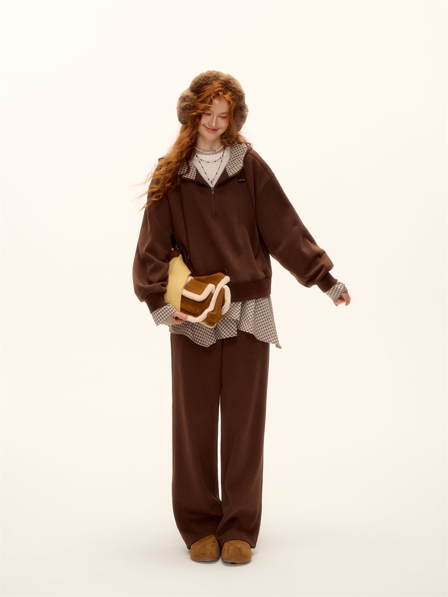 AsGony ASG24642&ASG24641 Plaid patchwork fleece hoodie + pants set