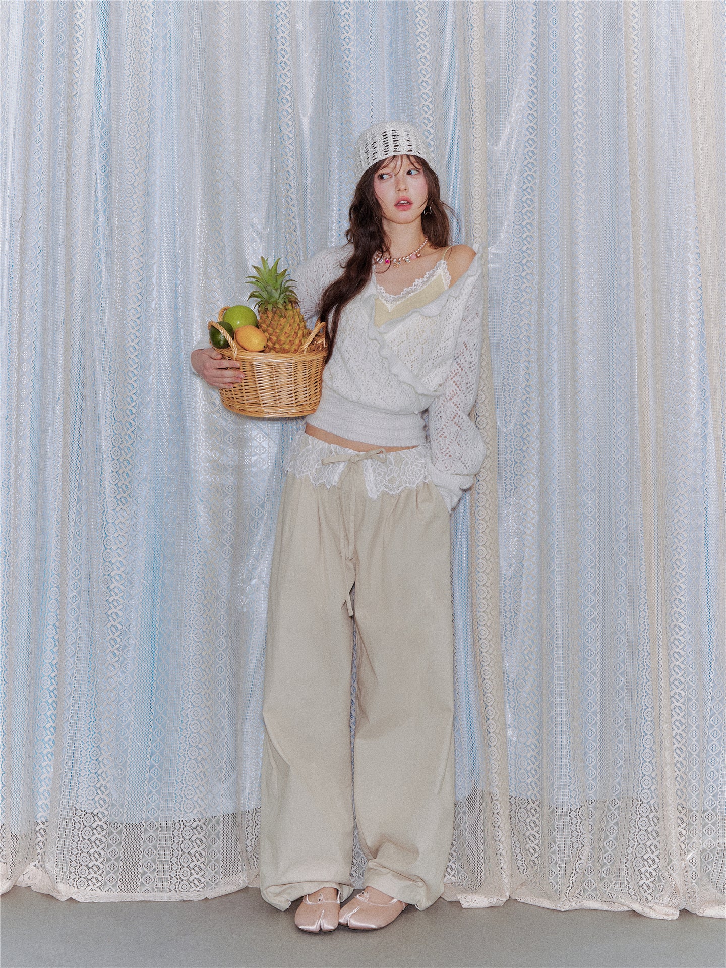 AsGony ASG26024 Lace patchwork drawstring waist wide leg casual pants