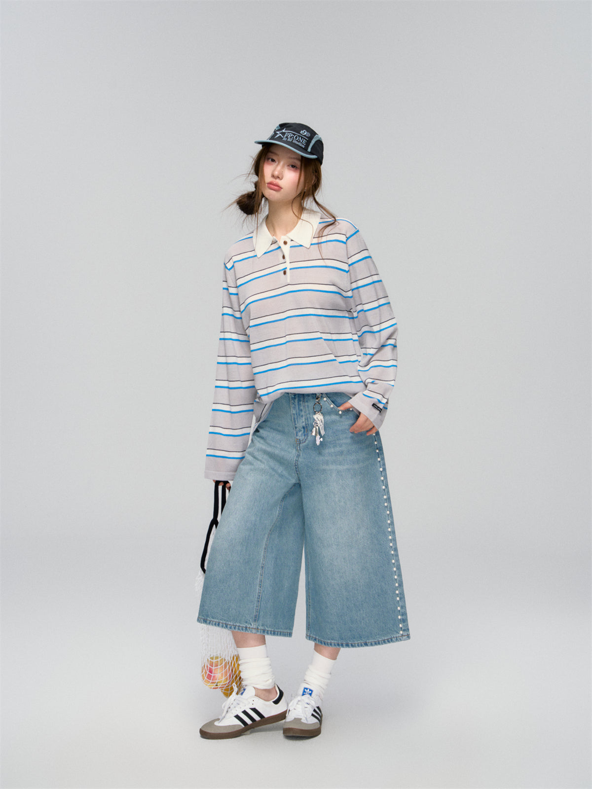 AsGony ASG25036 Striped polo collar loose knit top(2color)